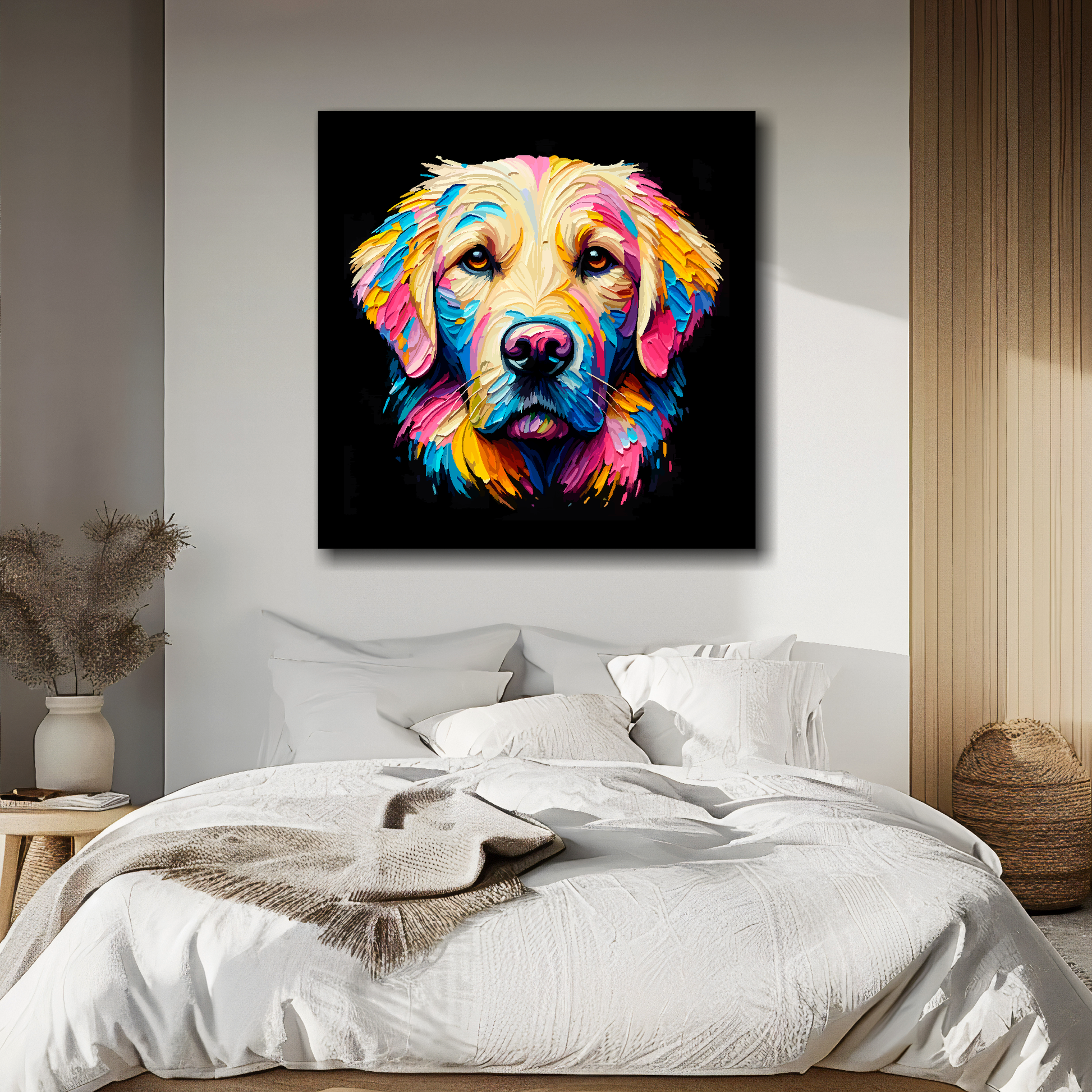 Goldador portrait canvas above bed - colourful dog wall decor for UK bedrooms