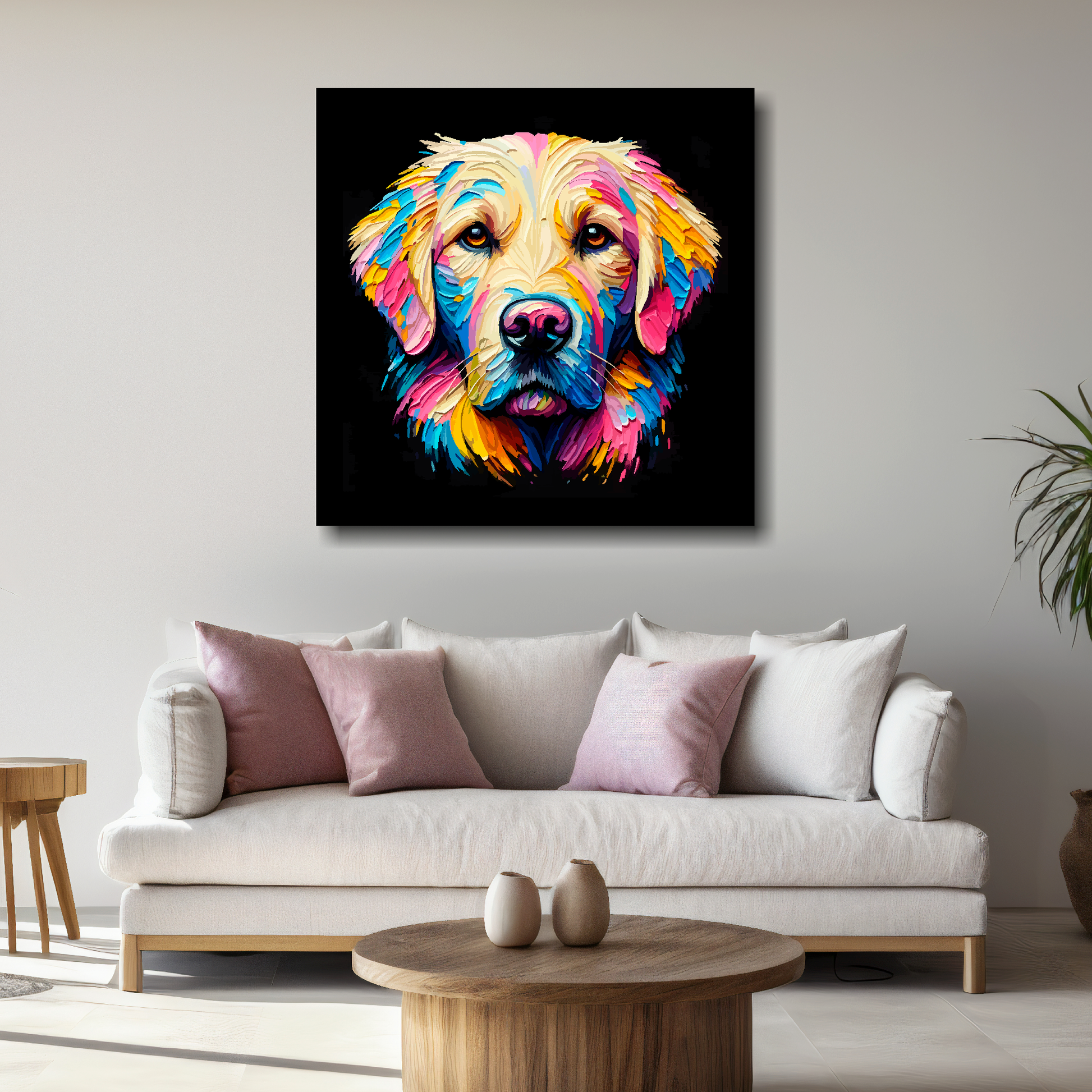 Large Goldador canvas above white sofa - vibrant abstract dog portrait wall art UK