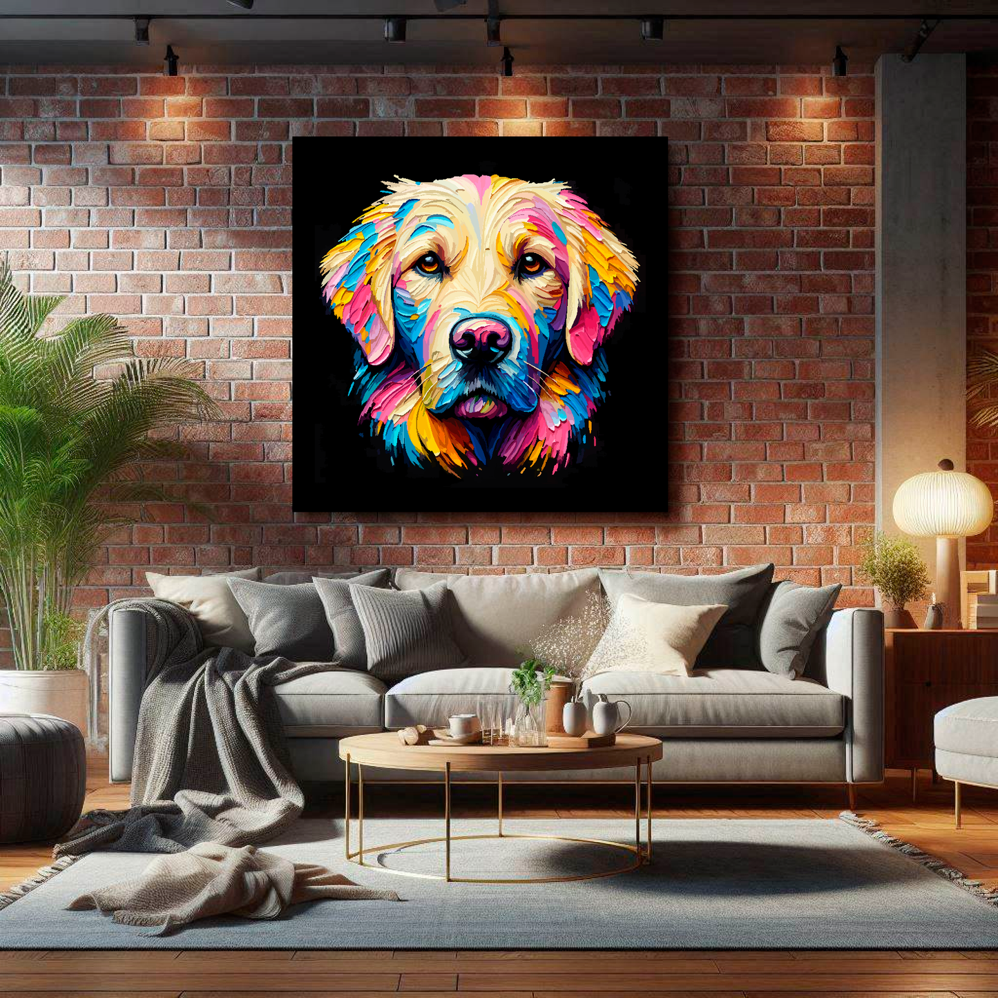 Large Goldador canvas on brick wall above grey sofa - bold dog portrait UK living room