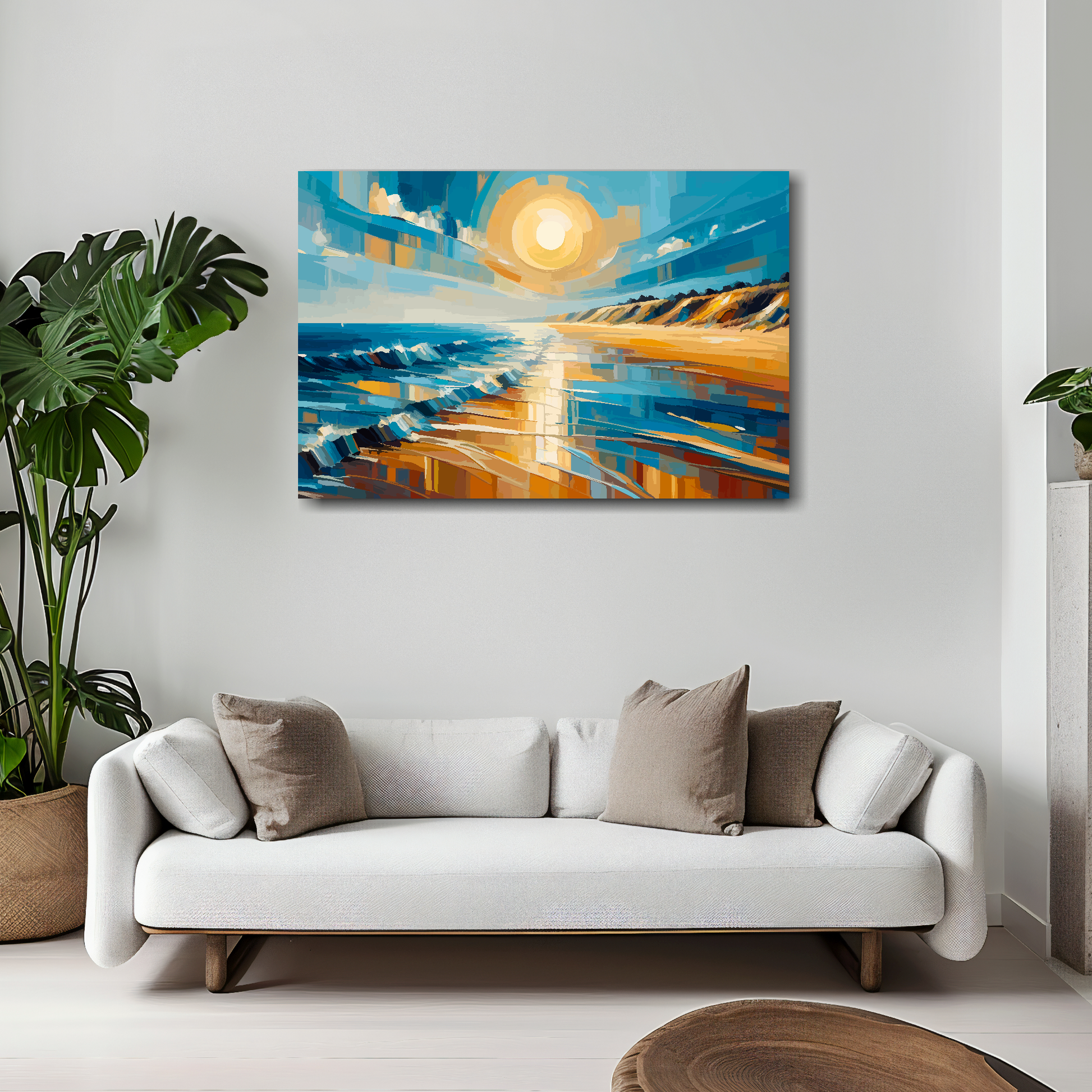 Golden coast canvas 30x20 inches above white sofa - vibrant coastal wall art UK
