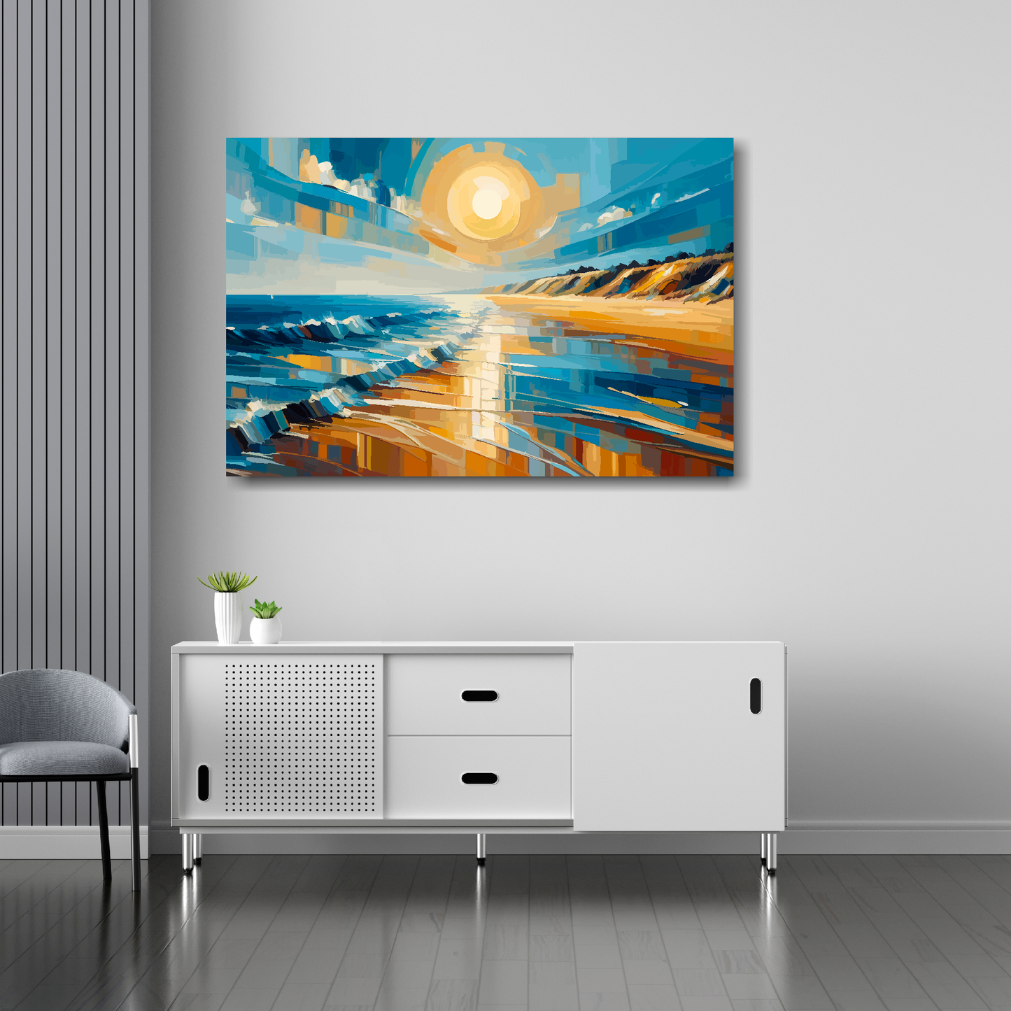 Golden coast canvas 36x24 inches above sideboard - large colourful coastal art UK made