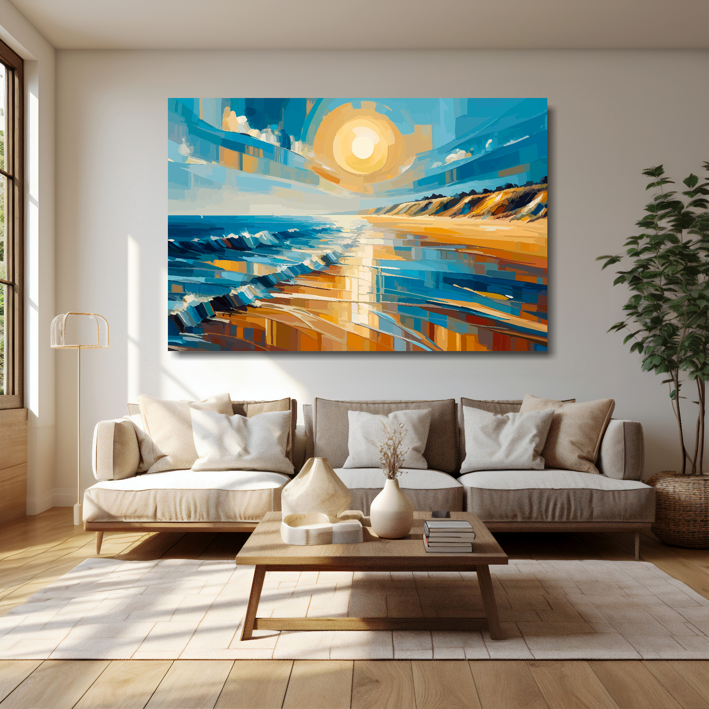 Golden coast canvas 60x40 inches above cream sofa - XL vibrant coastal wall art UK
