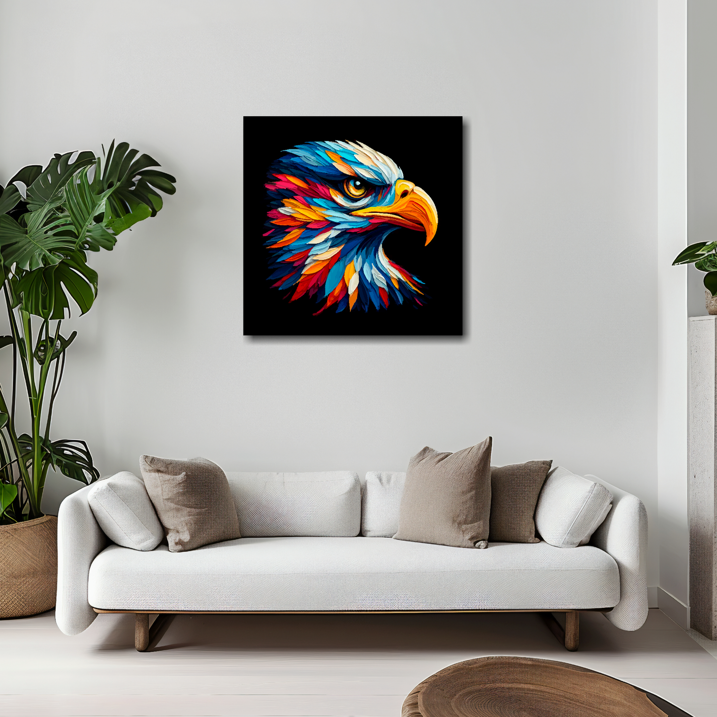 Golden Eagle canvas 20x20 inches above white sofa - vibrant bird portrait wall art UK