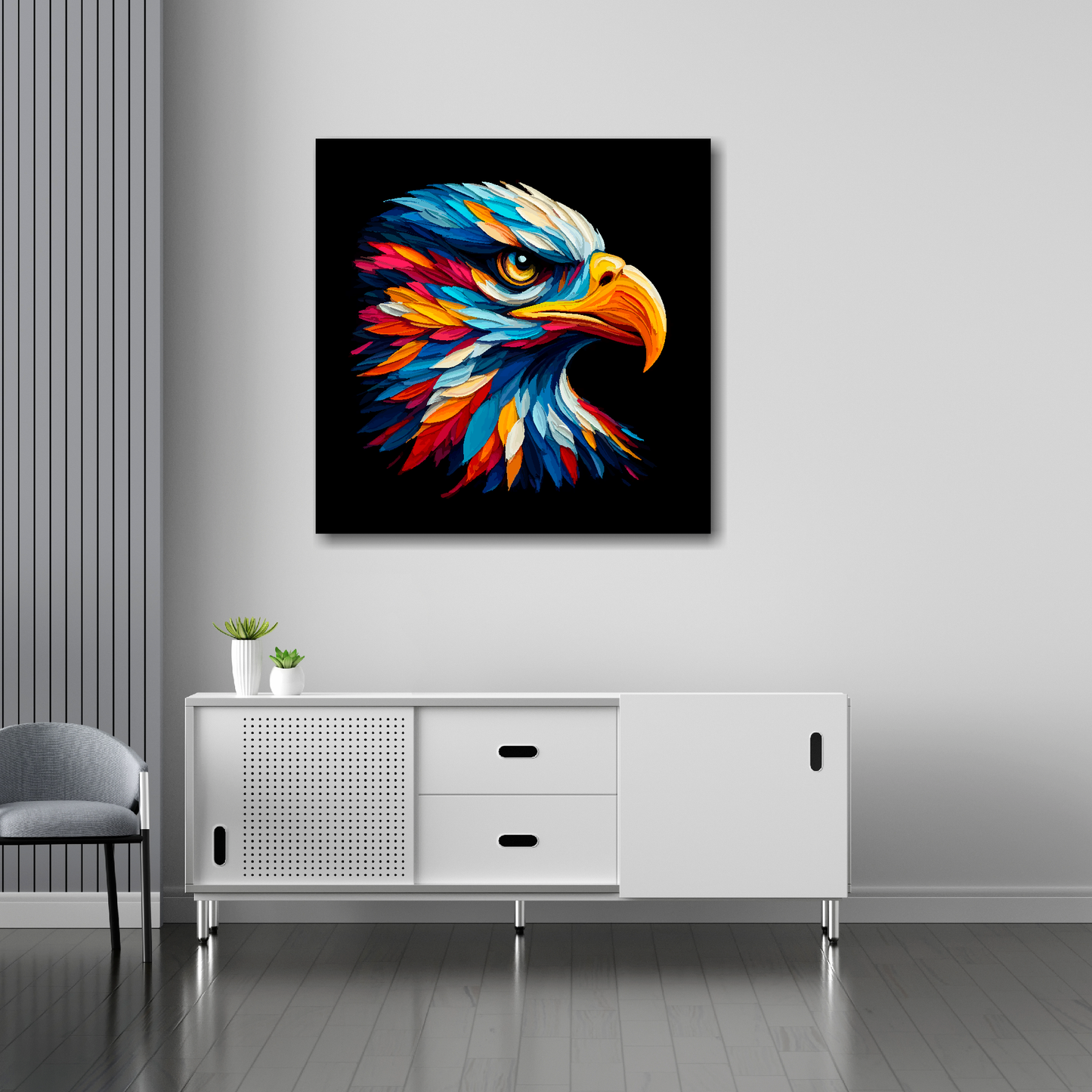 Golden Eagle canvas 30x30 inches above sideboard - large colourful bird portrait UK made