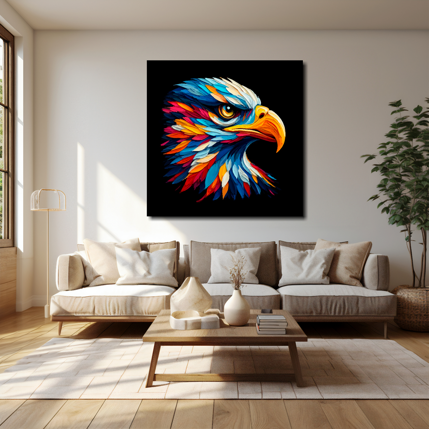 Golden Eagle canvas 40x40 inches above cream sofa - XL vibrant bird wall art UK