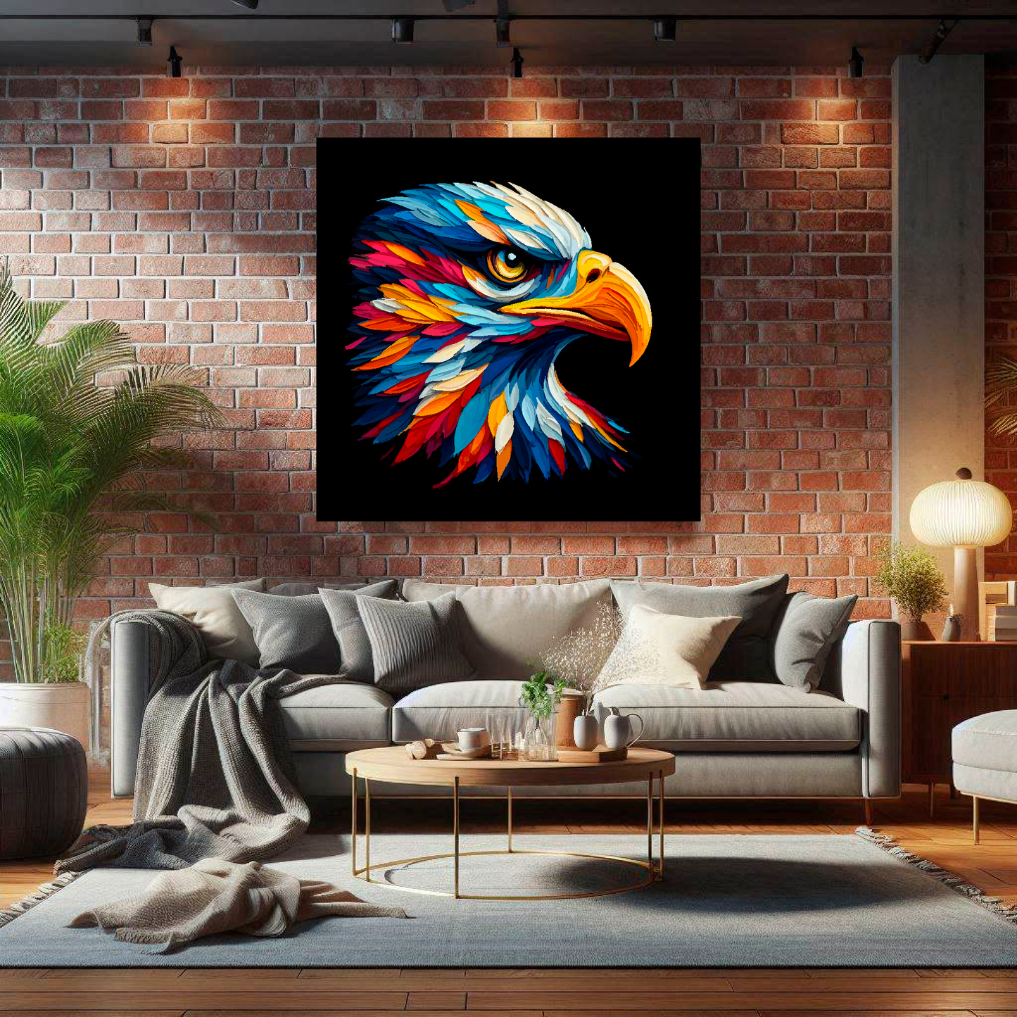Large Golden Eagle canvas on brick wall above grey sofa - bold bird portrait UK living room