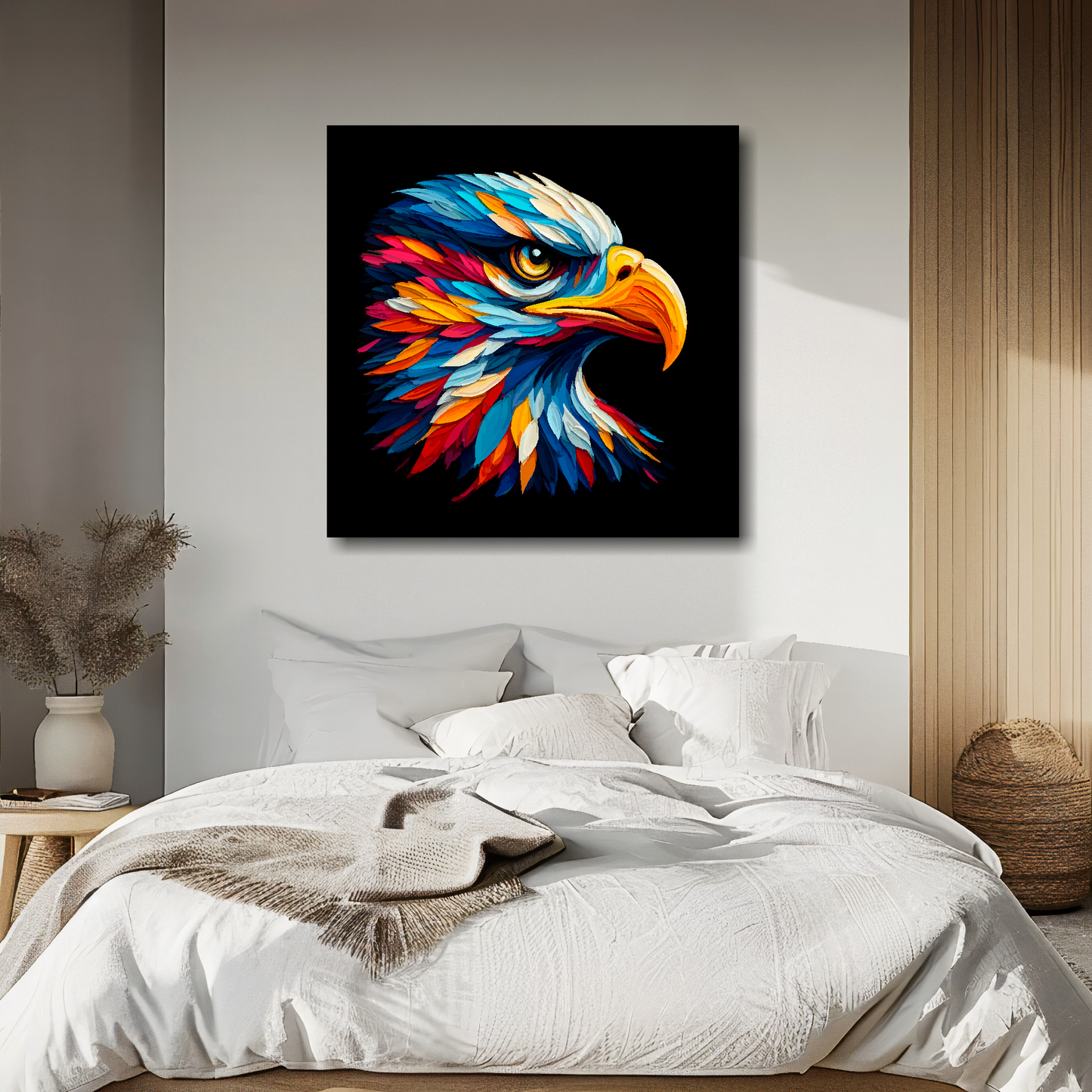 Golden Eagle portrait canvas above bed - colourful bird wall decor for UK bedrooms