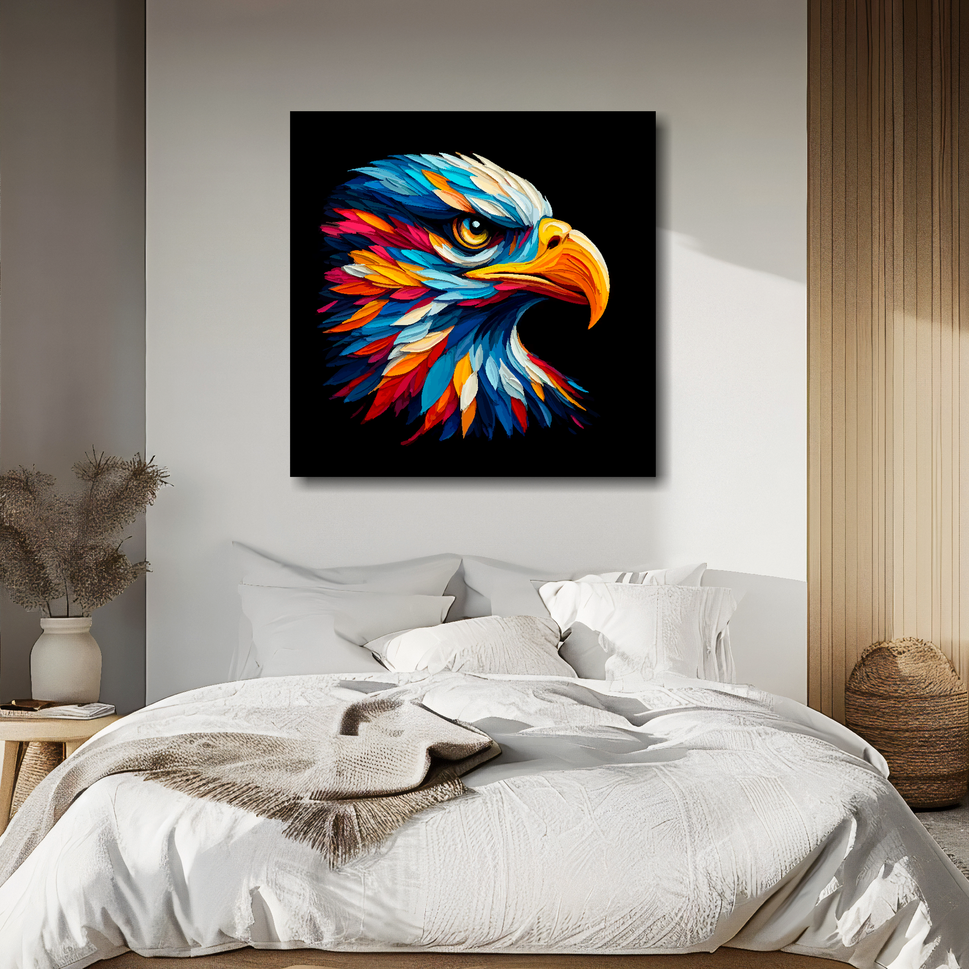 Golden Eagle portrait canvas above bed - colourful bird wall decor for UK bedrooms