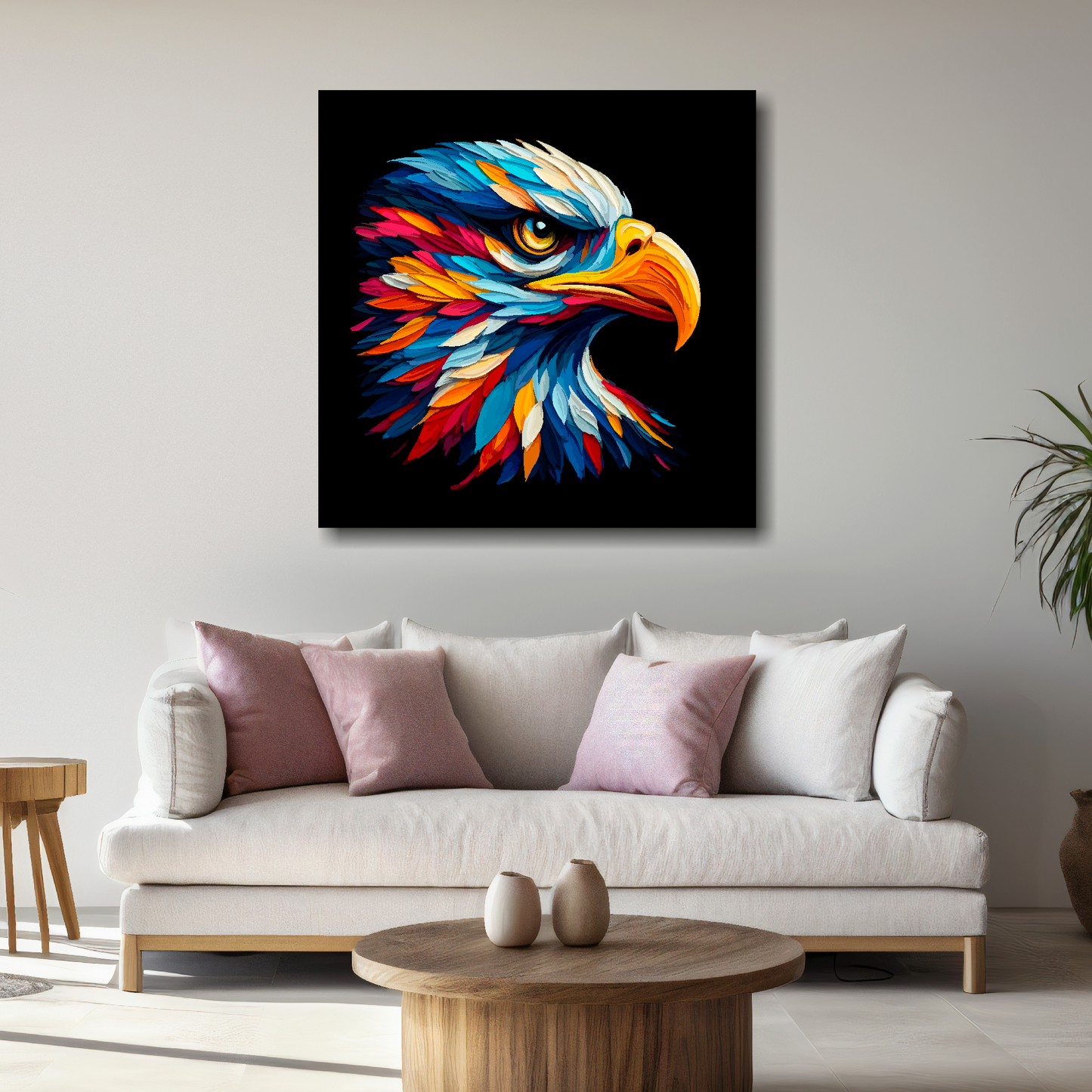 Large Golden Eagle canvas above white sofa - vibrant abstract bird portrait wall art UK