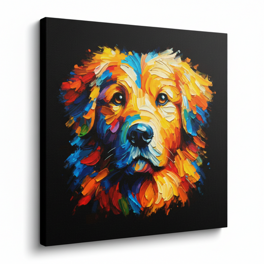 Colourful Golden Retriever dog portrait canvas print - UK made abstract pet wall art black background