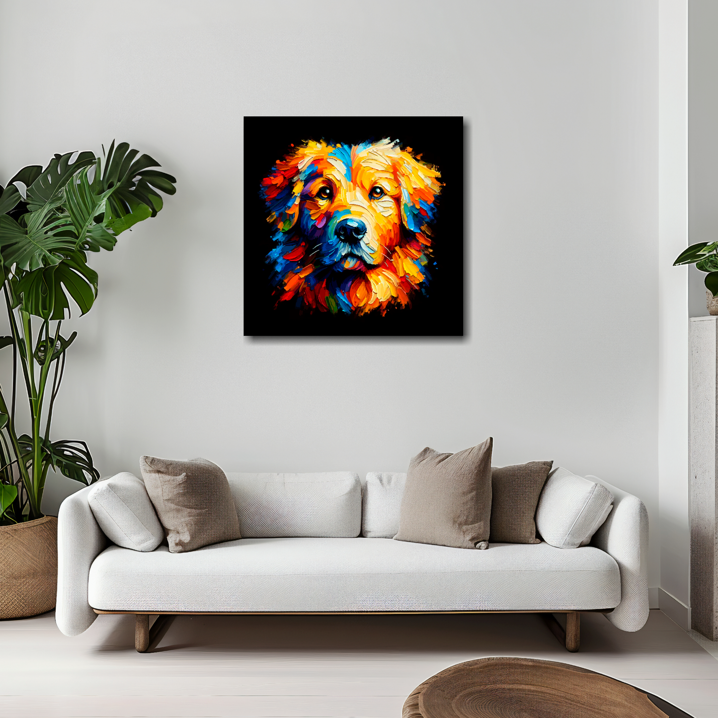 Golden Retriever canvas 20x20 inches above white sofa - vibrant dog portrait wall art UK