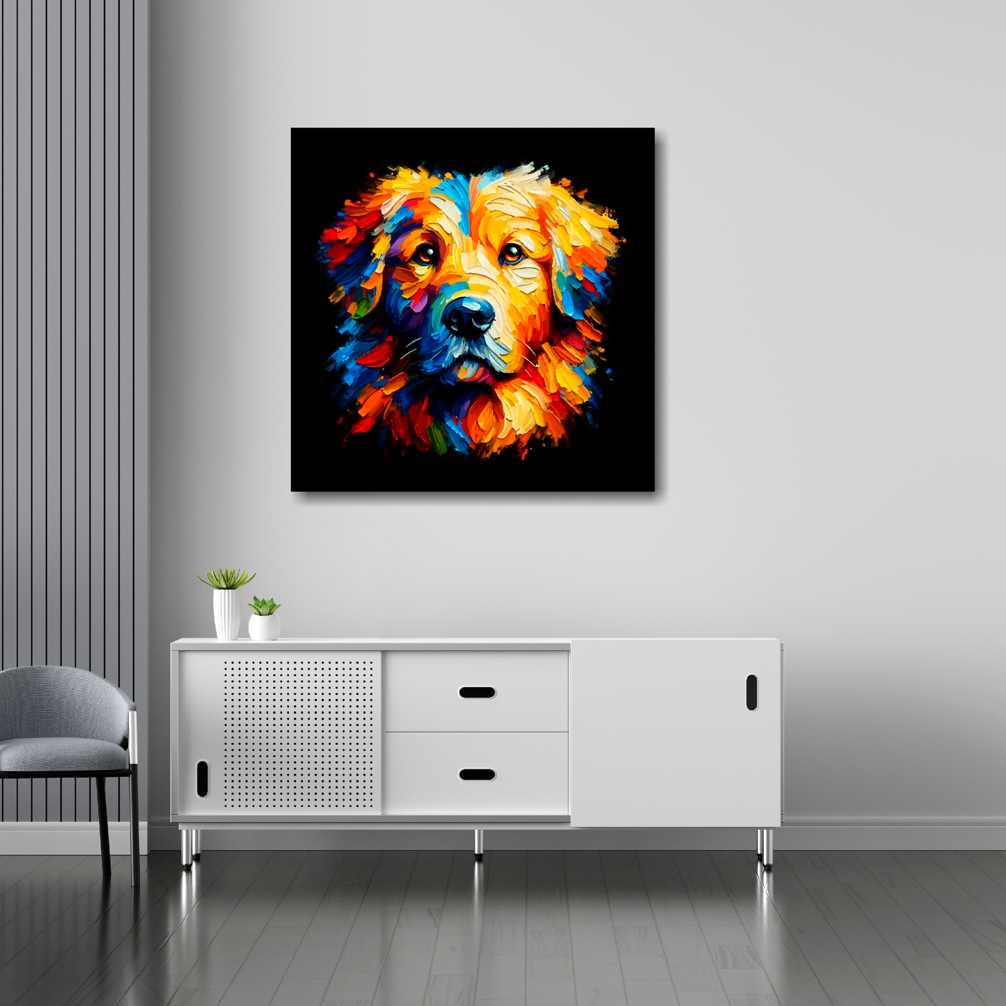Golden Retriever canvas 30x30 inches above sideboard - large colourful dog portrait UK made