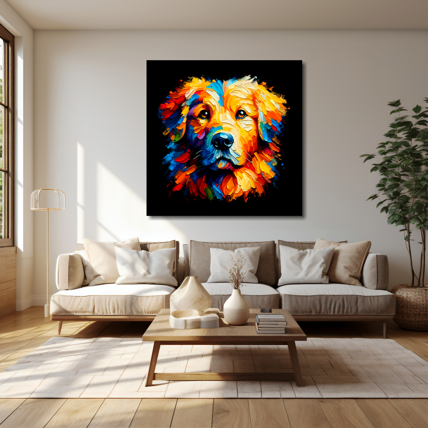 Golden Retriever canvas 40x40 inches above cream sofa - XL vibrant dog wall art UK