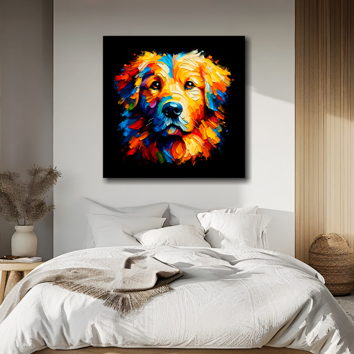 Golden Retriever portrait canvas above bed - colourful dog wall decor for UK bedrooms
