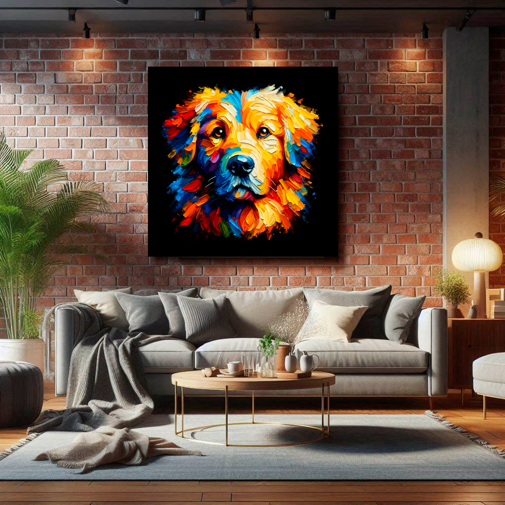 Large Golden Retriever canvas on brick wall above grey sofa - bold dog portrait UK living room