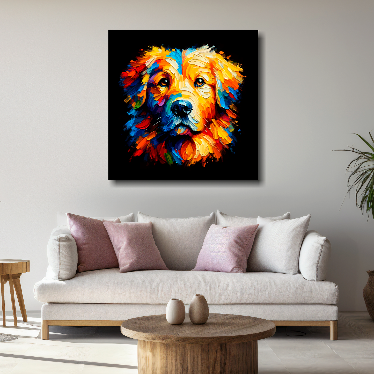 Large Golden Retriever canvas above white sofa - vibrant abstract dog portrait wall art UK