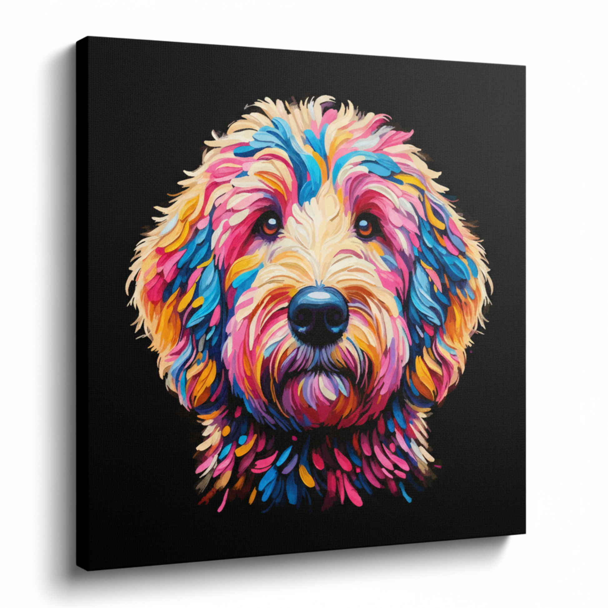 Colourful Goldendoodle dog portrait canvas print - UK made abstract pet wall art black background