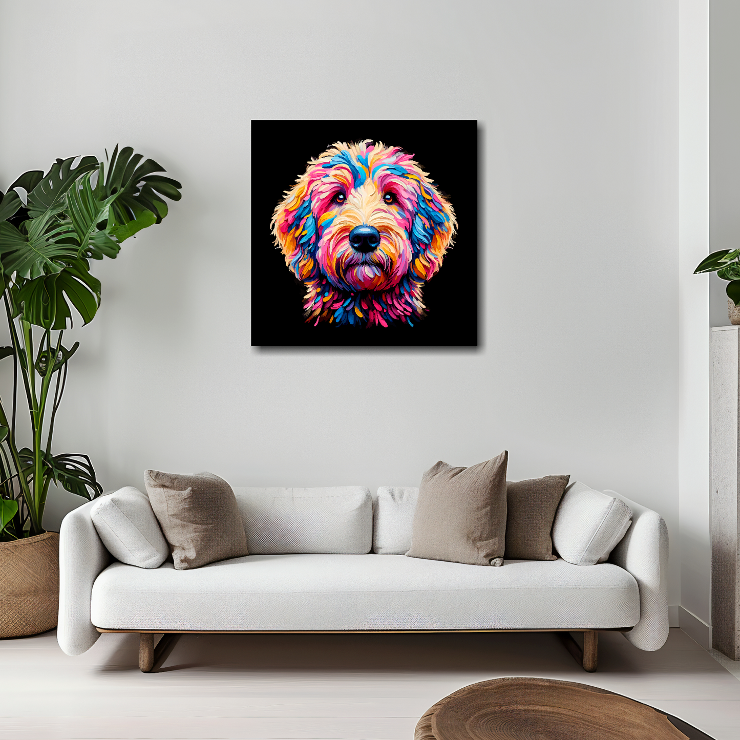 Goldendoodle canvas 20x20 inches above white sofa - vibrant dog portrait wall art UK