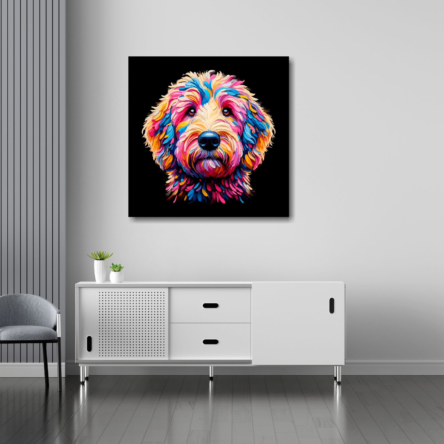 Goldendoodle canvas 30x30 inches above sideboard - large colourful dog portrait UK made