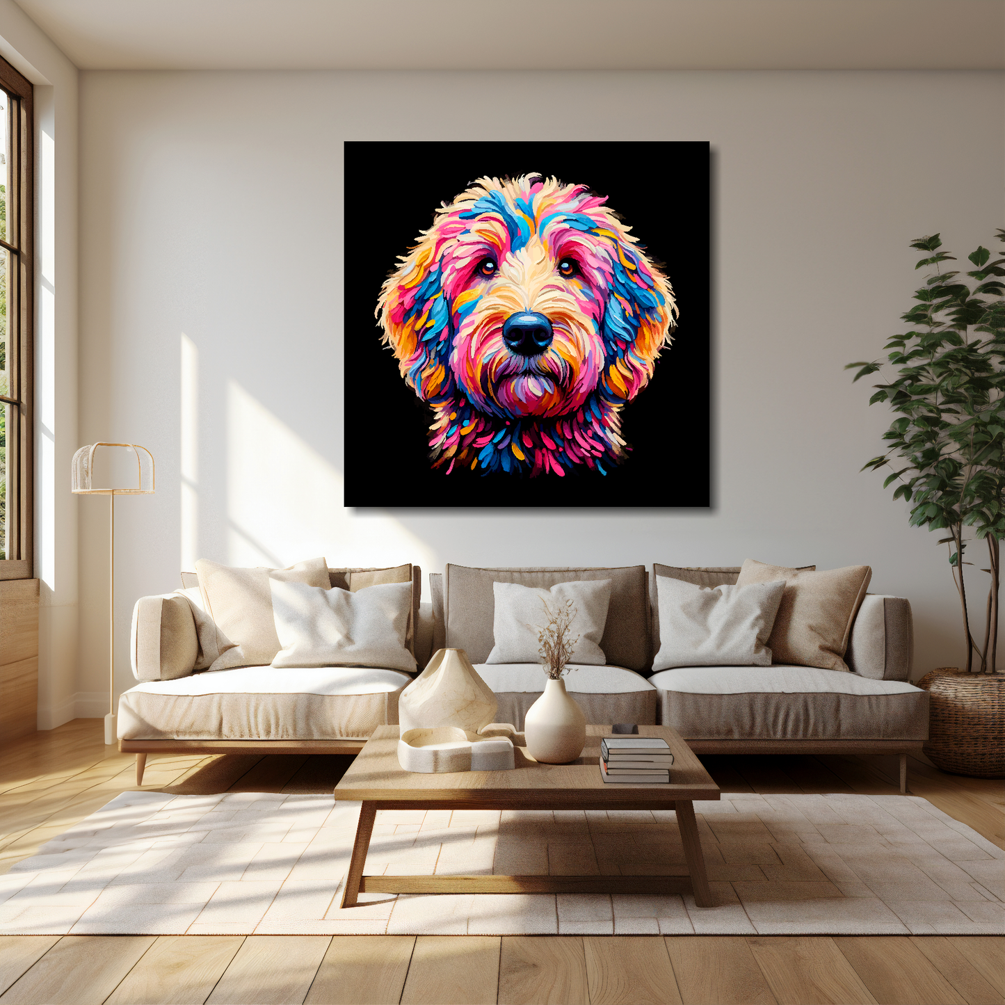 Goldendoodle canvas 40x40 inches above cream sofa - XL vibrant dog wall art UK