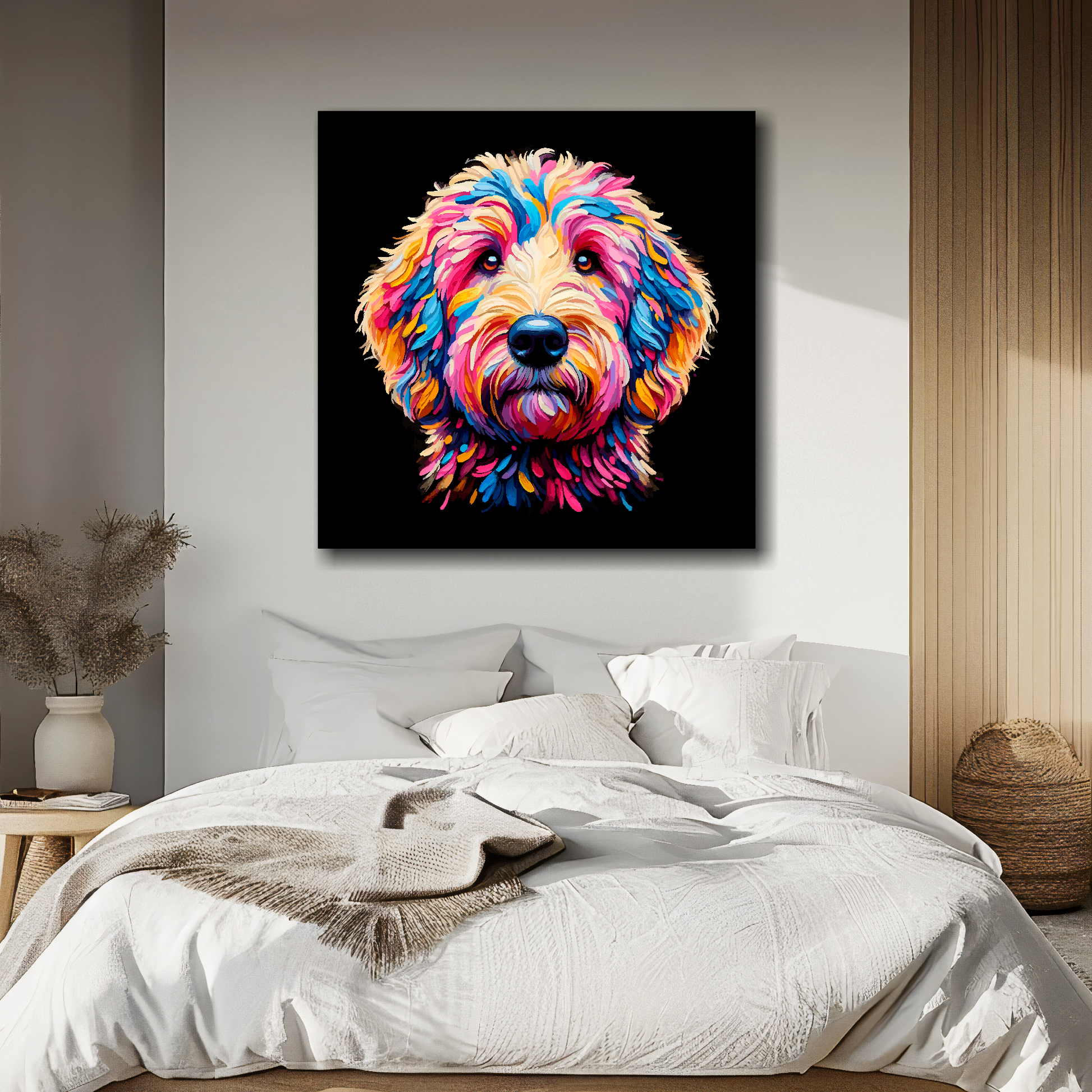 Goldendoodle portrait canvas above bed - colourful dog wall decor for UK bedrooms