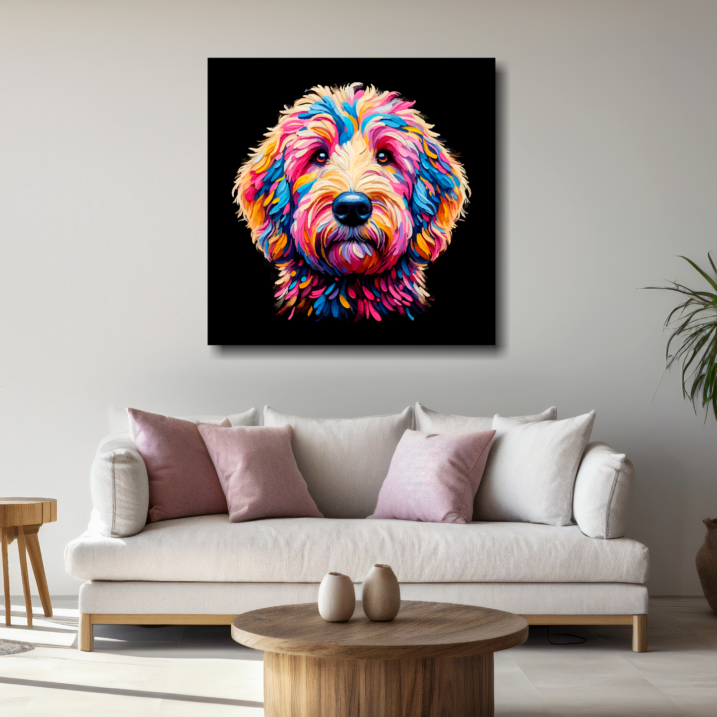Large Goldendoodle canvas above white sofa - vibrant abstract dog portrait wall art UK