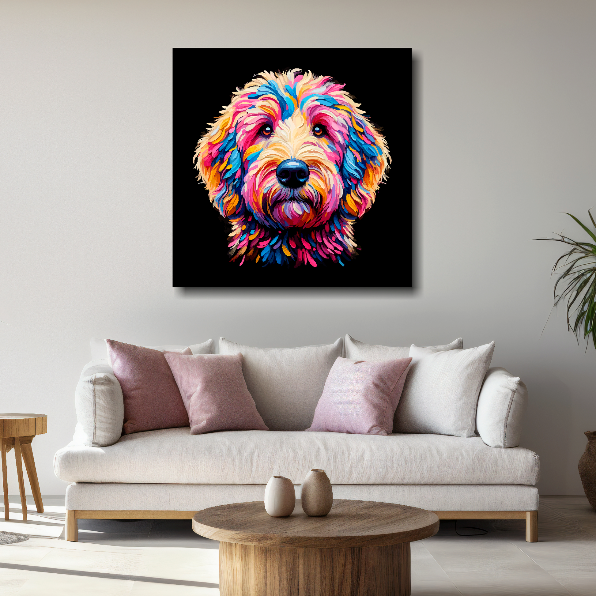 Large Goldendoodle canvas above white sofa - vibrant abstract dog portrait wall art UK