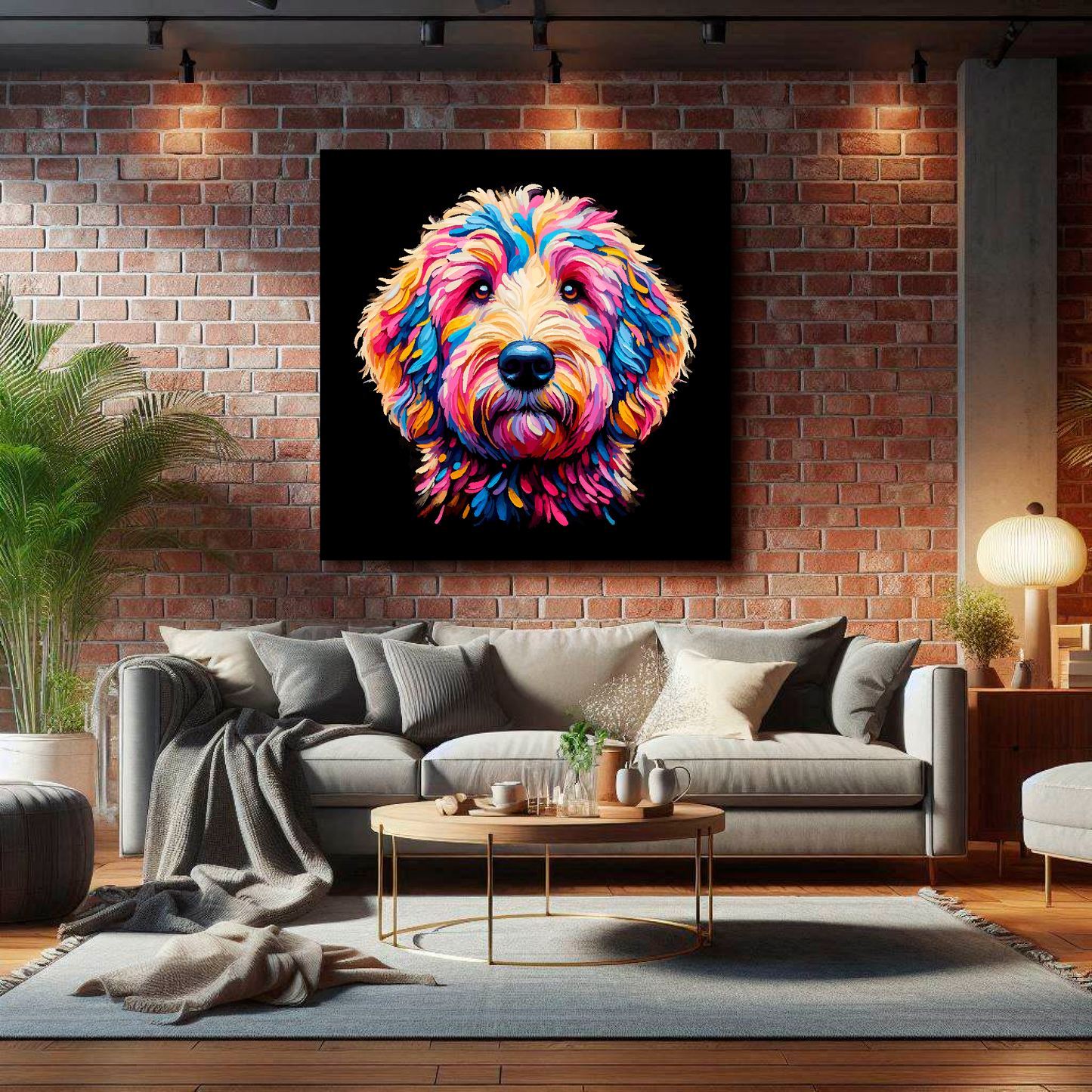 Large Goldendoodle canvas on brick wall above grey sofa - bold dog portrait UK living room