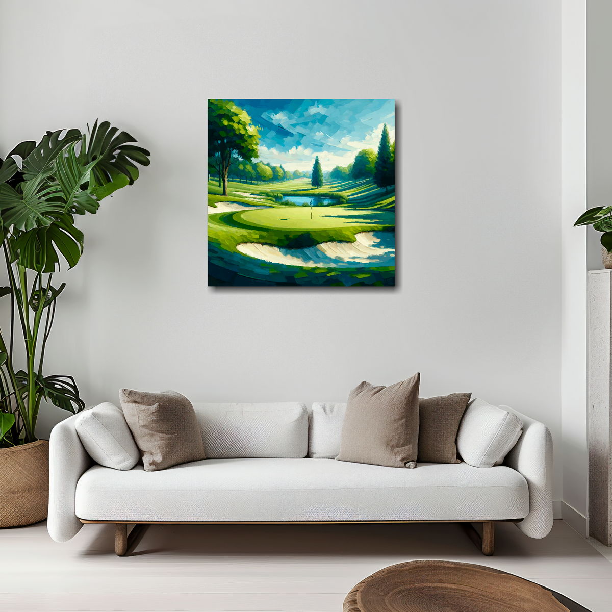 Golf landscape canvas 20x20 inches above white sofa - vibrant sports wall art UK