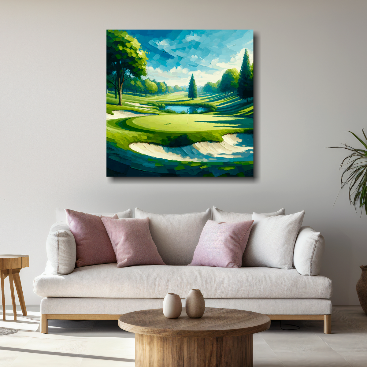 Large golf landscape canvas above white sofa - vibrant abstract sports wall art UK