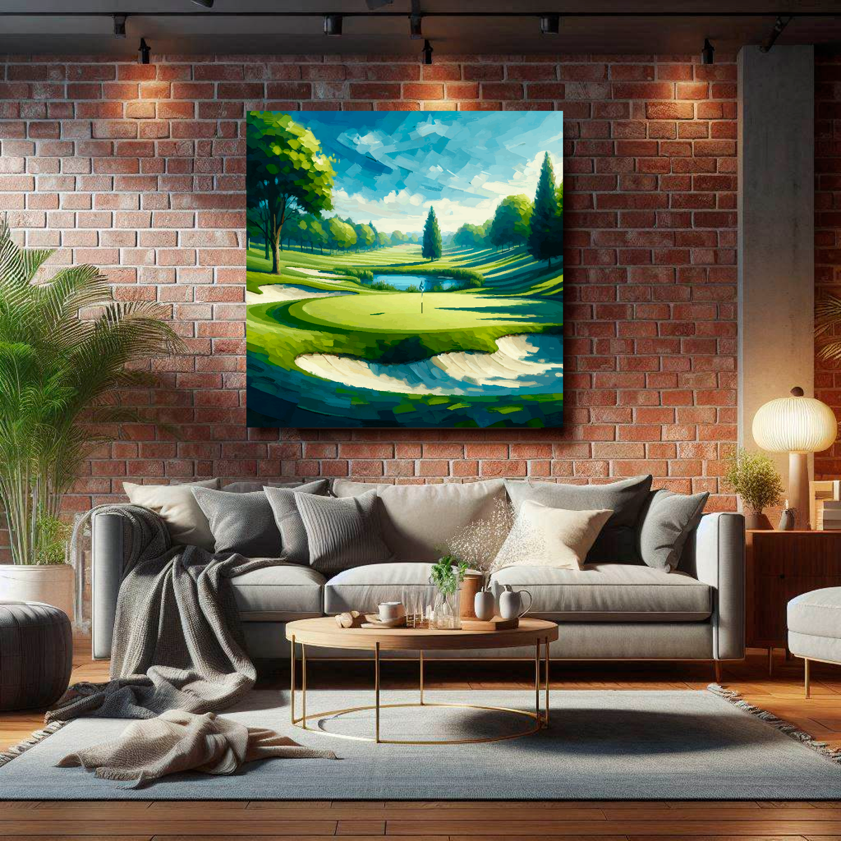 Large golf landscape canvas on brick wall above grey sofa - bold sports art UK living room