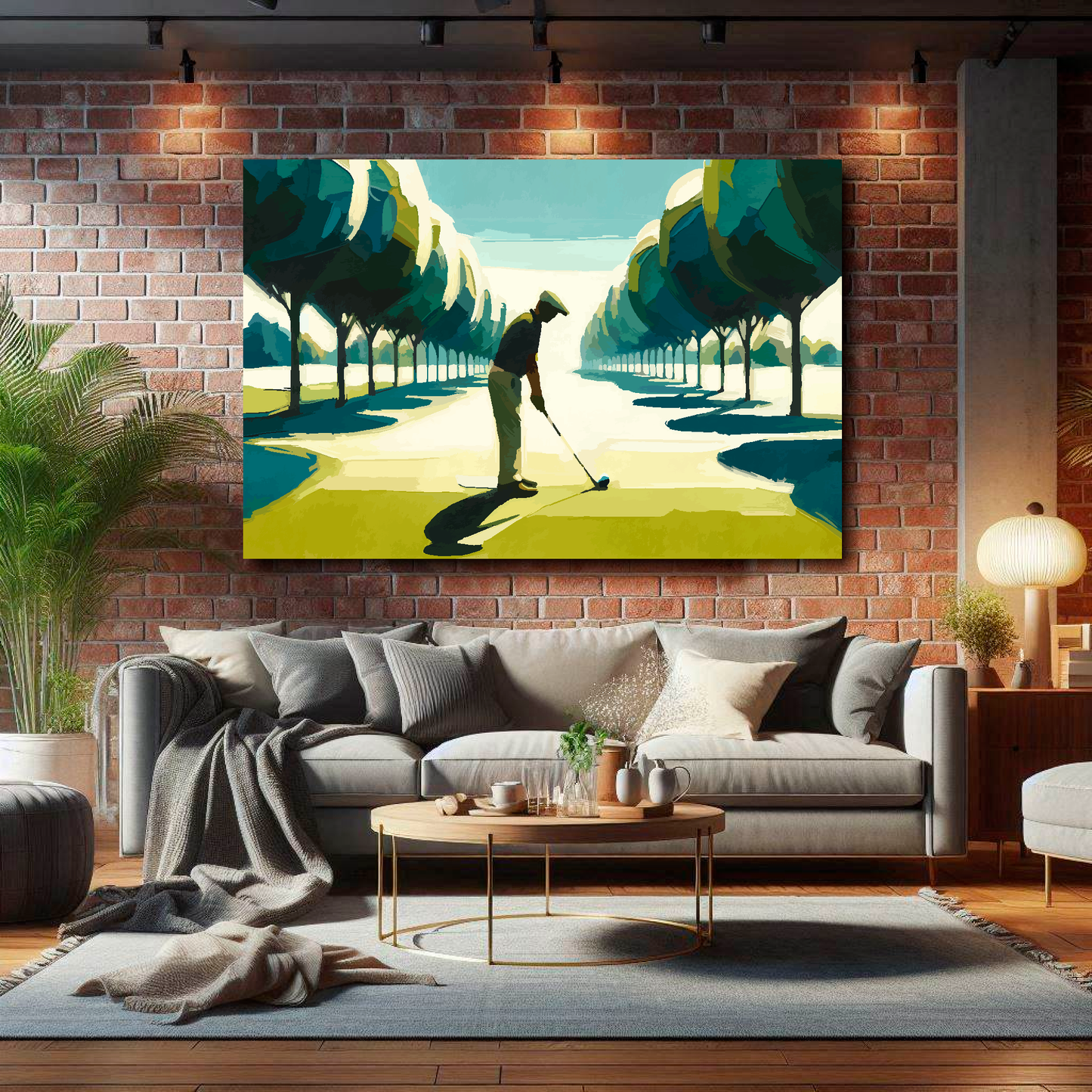 Large golf is hard canvas on brick wall above grey sofa - bold sports art UK living room