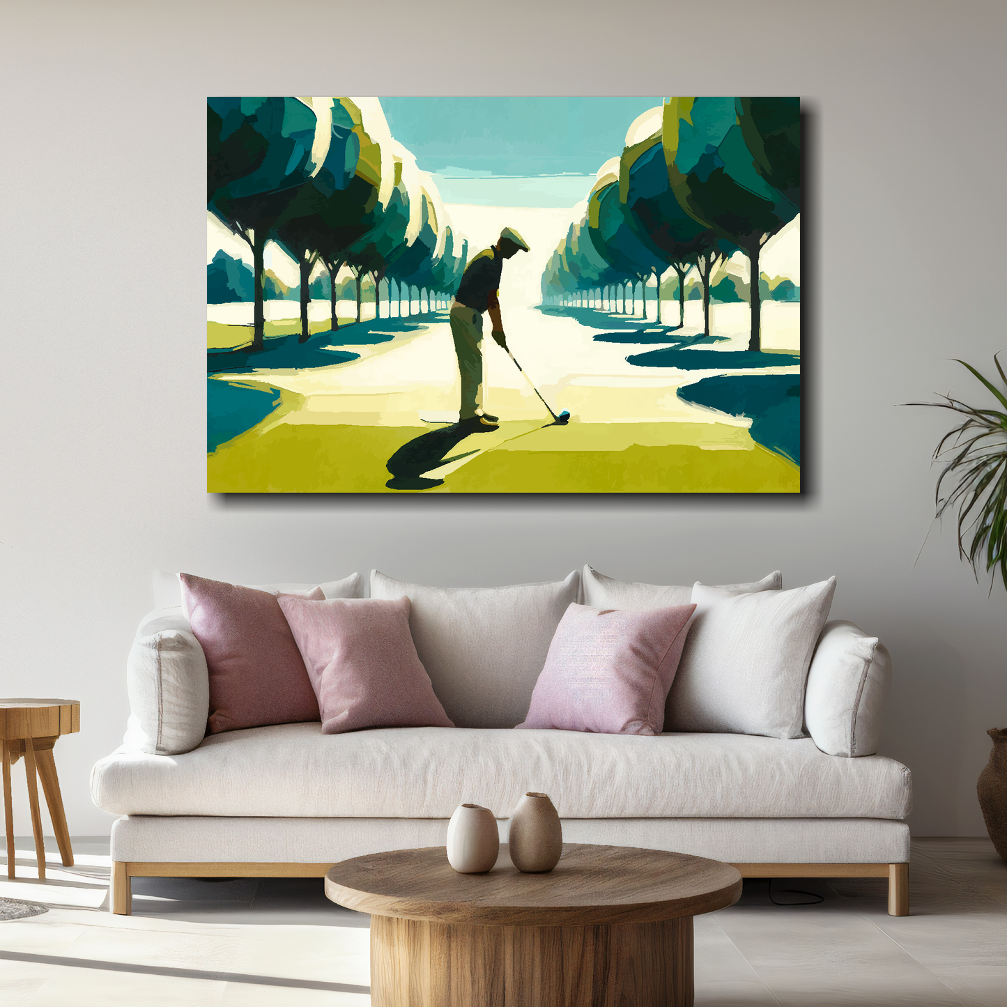 Large golf is hard canvas above white sofa - vibrant abstract sports wall art UK