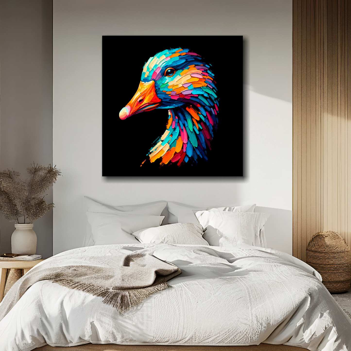 Goose portrait canvas above bed - colourful bird wall decor for UK bedrooms