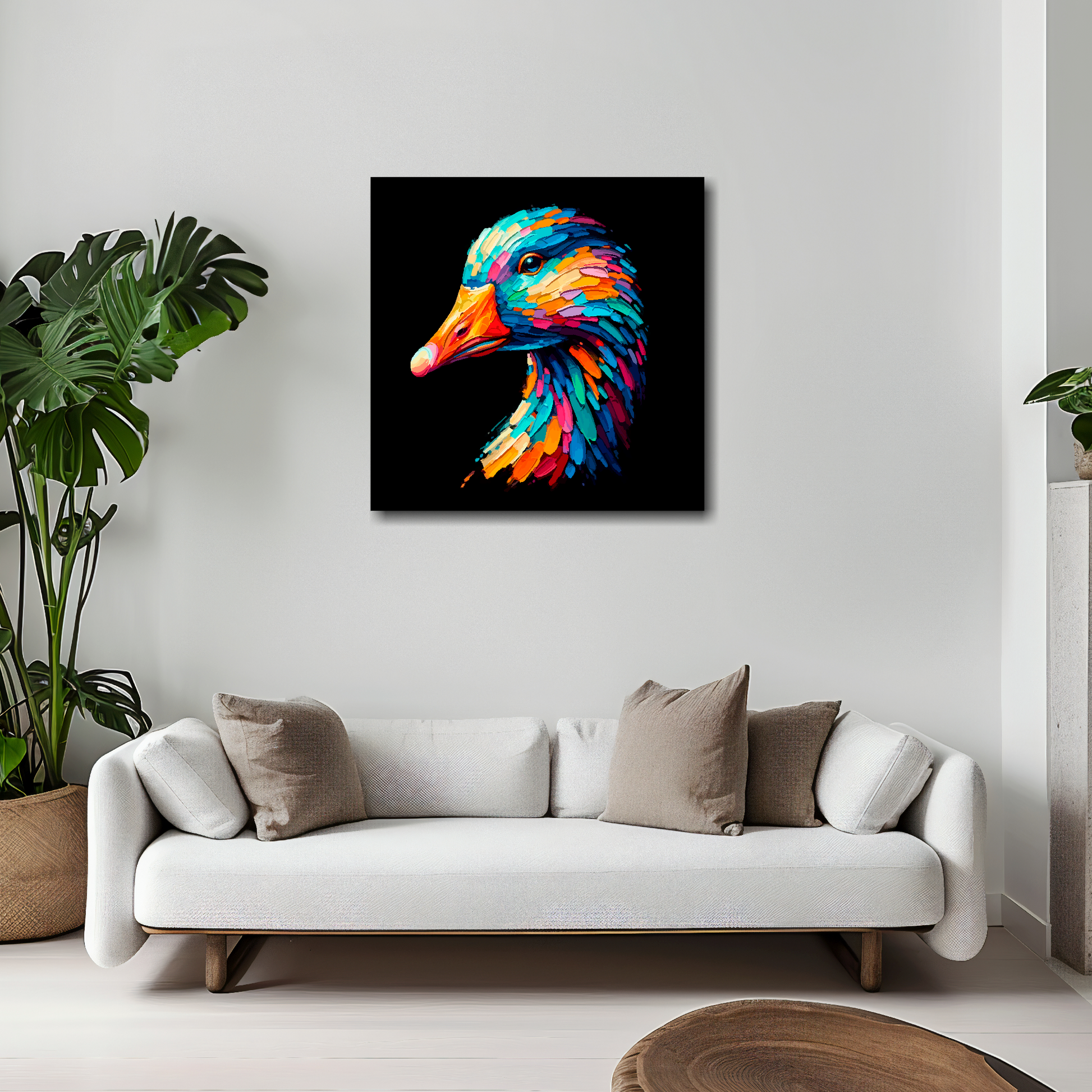 Goose canvas 20x20 inches above white sofa - vibrant bird portrait wall art UK