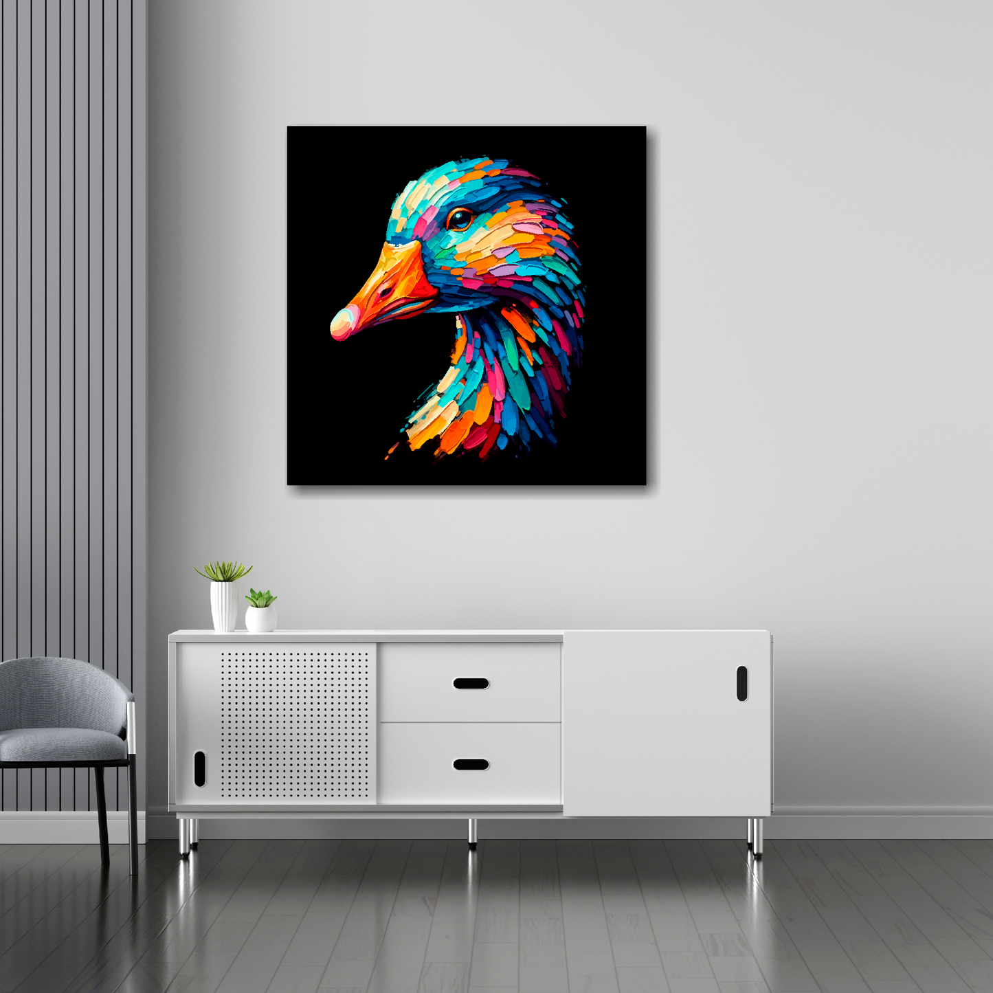 Goose canvas 30x30 inches above sideboard - large colourful bird portrait UK made