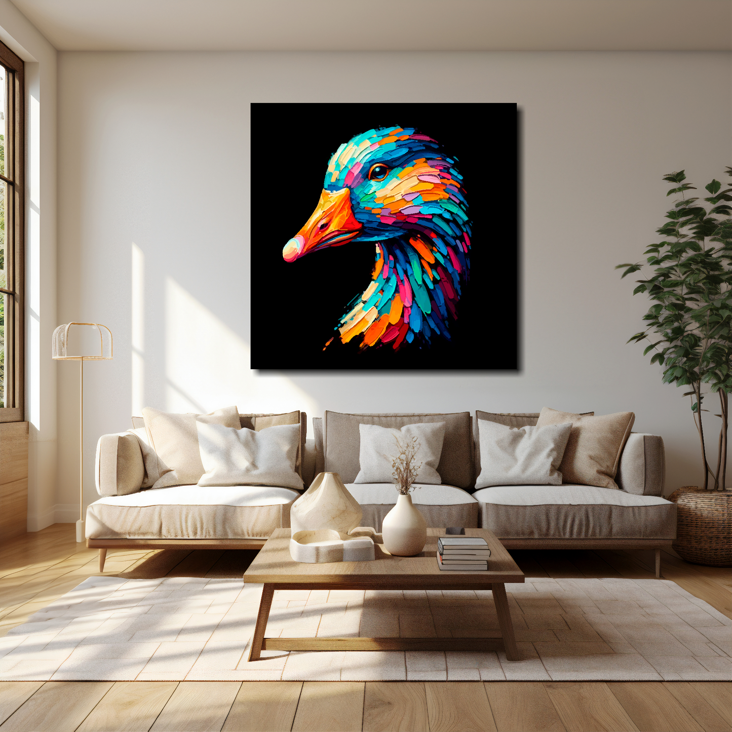 Goose canvas 40x40 inches above cream sofa - XL vibrant bird wall art UK