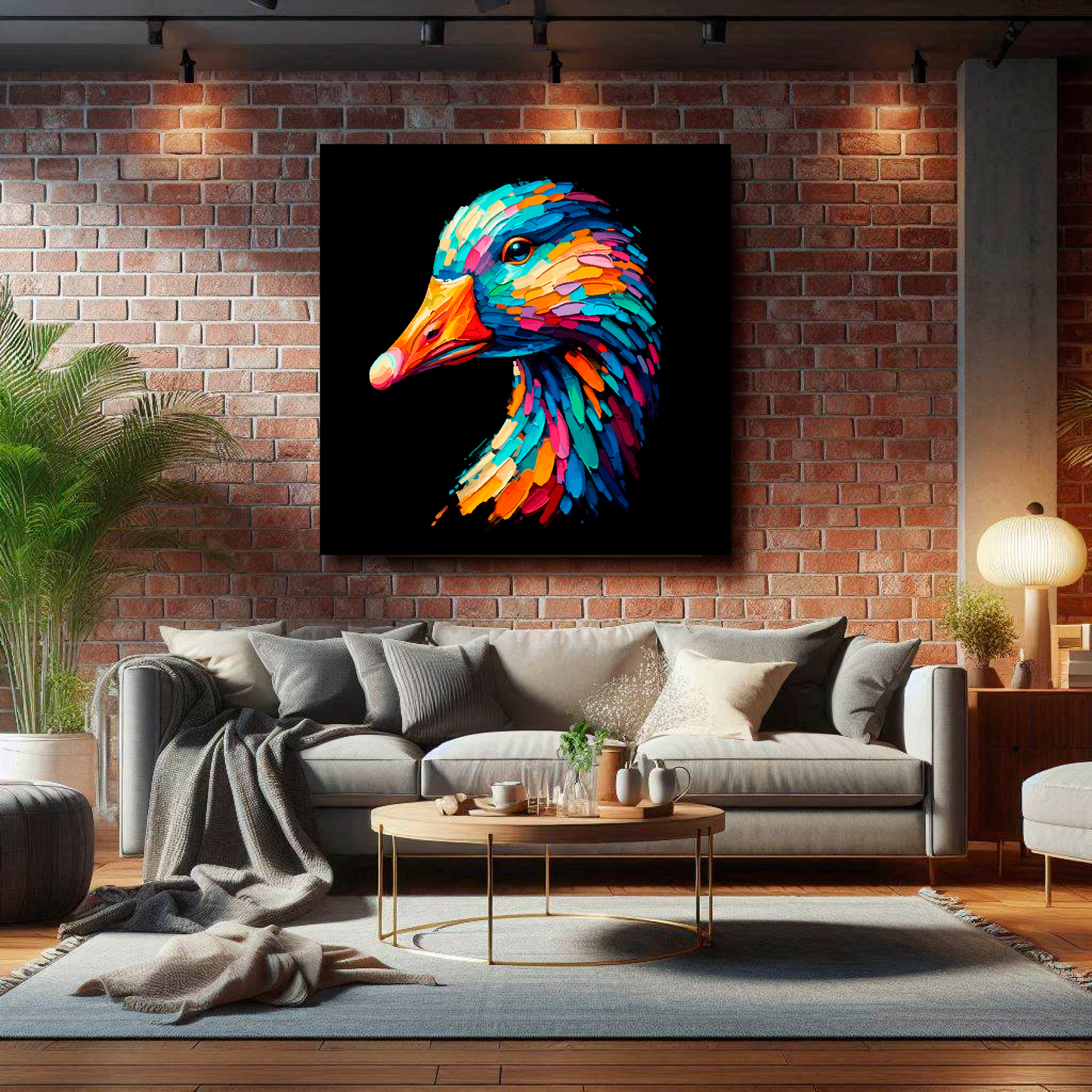 Large Goose canvas on brick wall above grey sofa - bold bird portrait UK living room