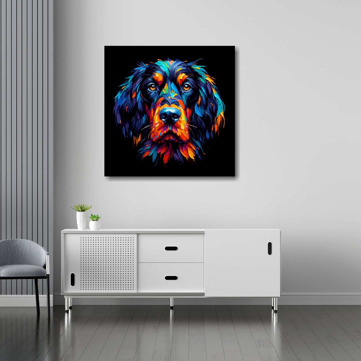 Gordon Setter canvas 30x30 inches above sideboard - large colourful dog portrait UK made