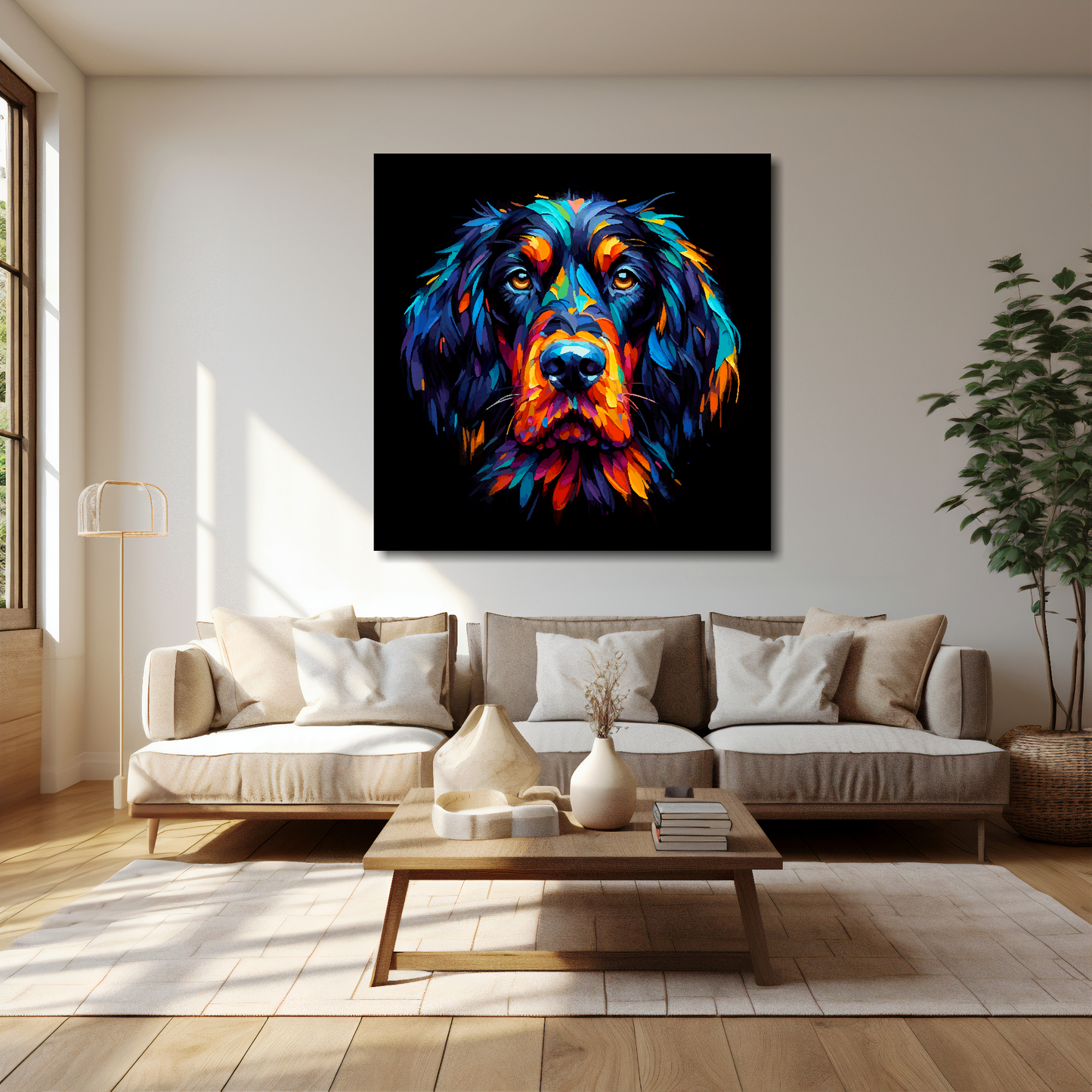Gordon Setter canvas 40x40 inches above cream sofa - XL vibrant dog wall art UK