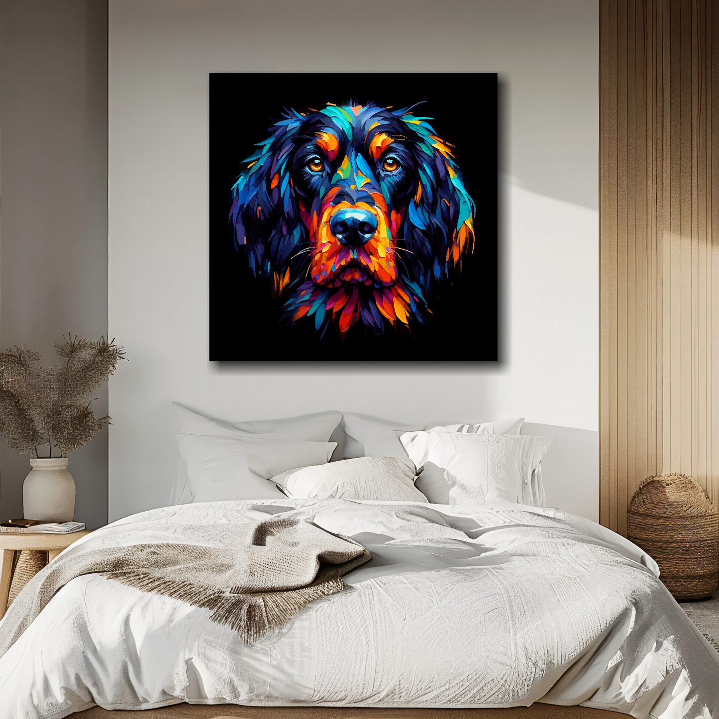 Gordon Setter portrait canvas above bed - colourful dog wall decor for UK bedrooms