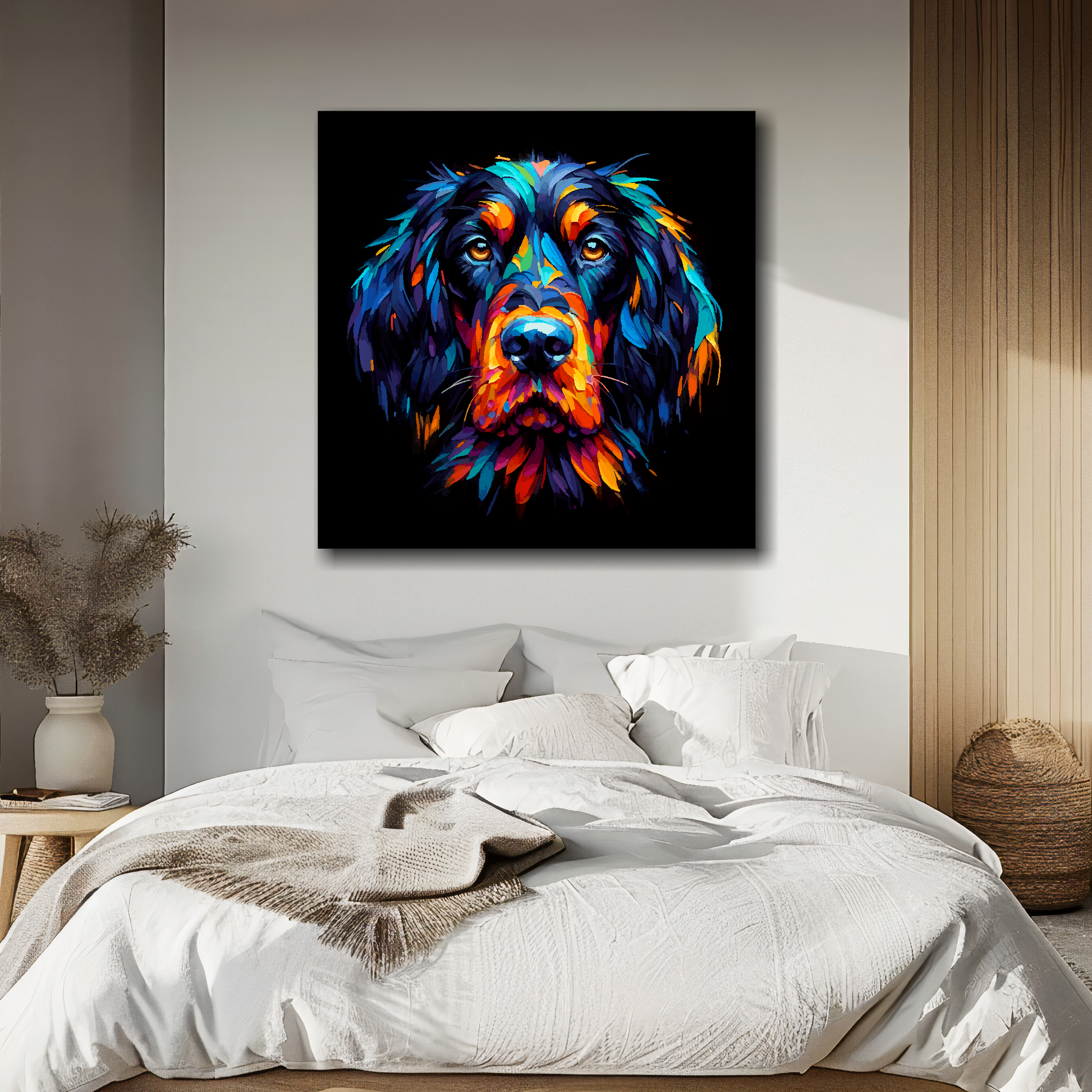 Gordon Setter portrait canvas above bed - colourful dog wall decor for UK bedrooms