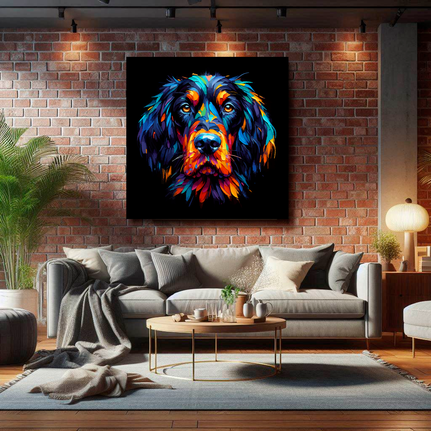 Large Gordon Setter canvas on brick wall above grey sofa - bold dog portrait UK living room