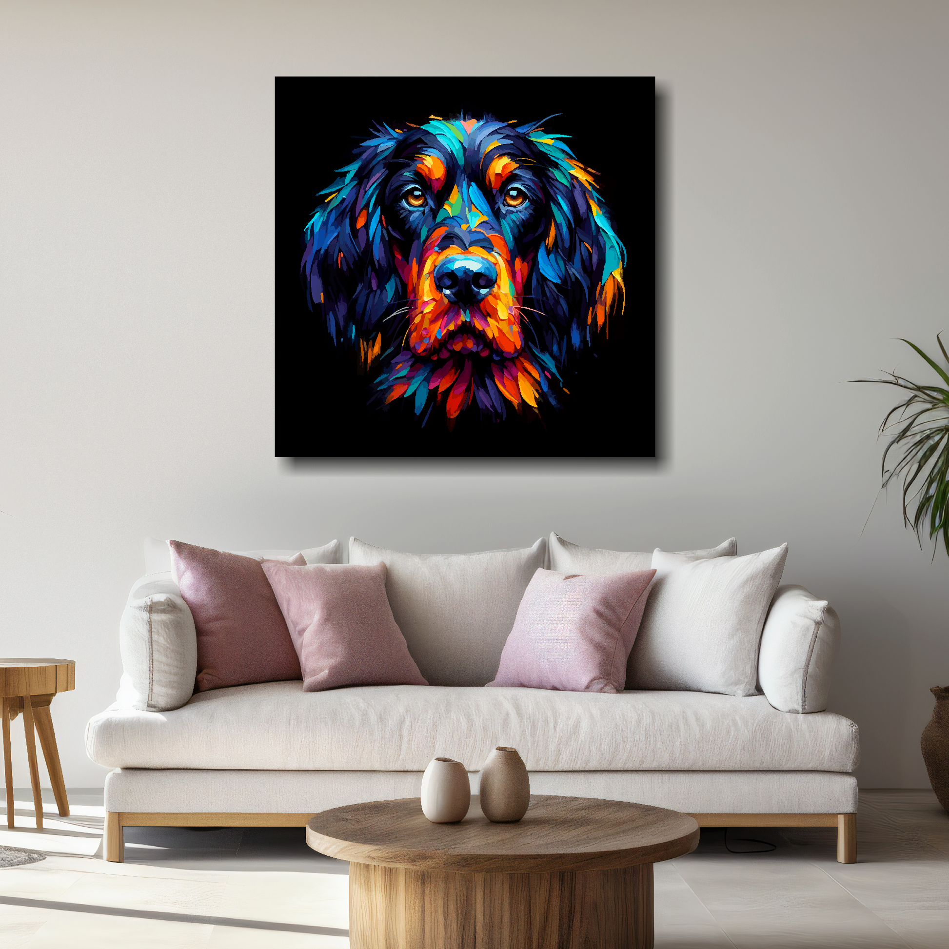 Large Gordon Setter canvas above white sofa - vibrant abstract dog portrait wall art UK