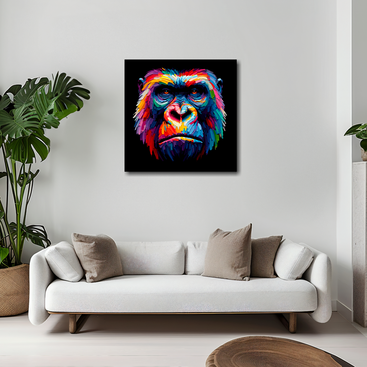 Gorilla canvas 20x20 inches above white sofa - vibrant wildlife portrait wall art UK
