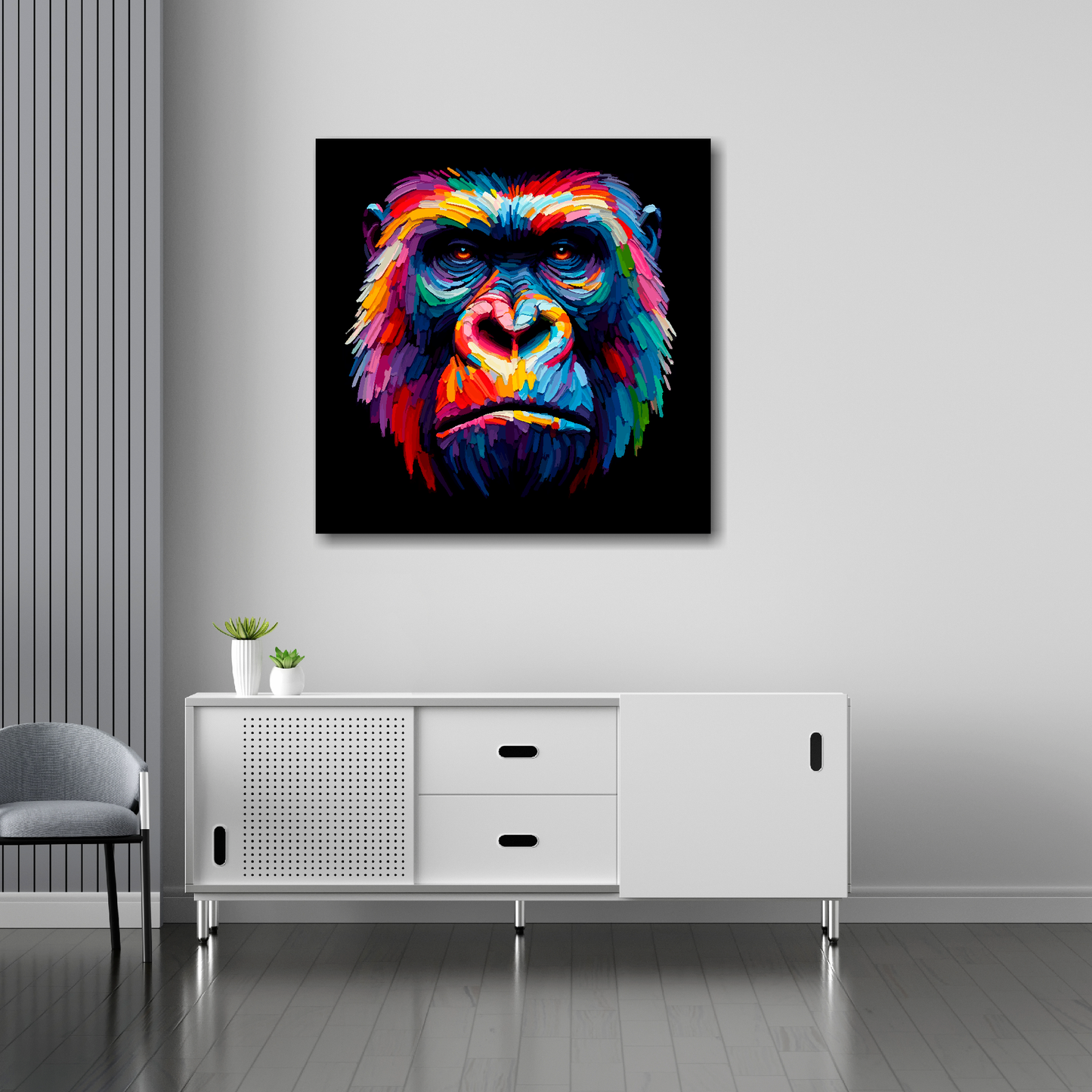 Gorilla canvas 30x30 inches above sideboard - large colourful wildlife portrait UK made