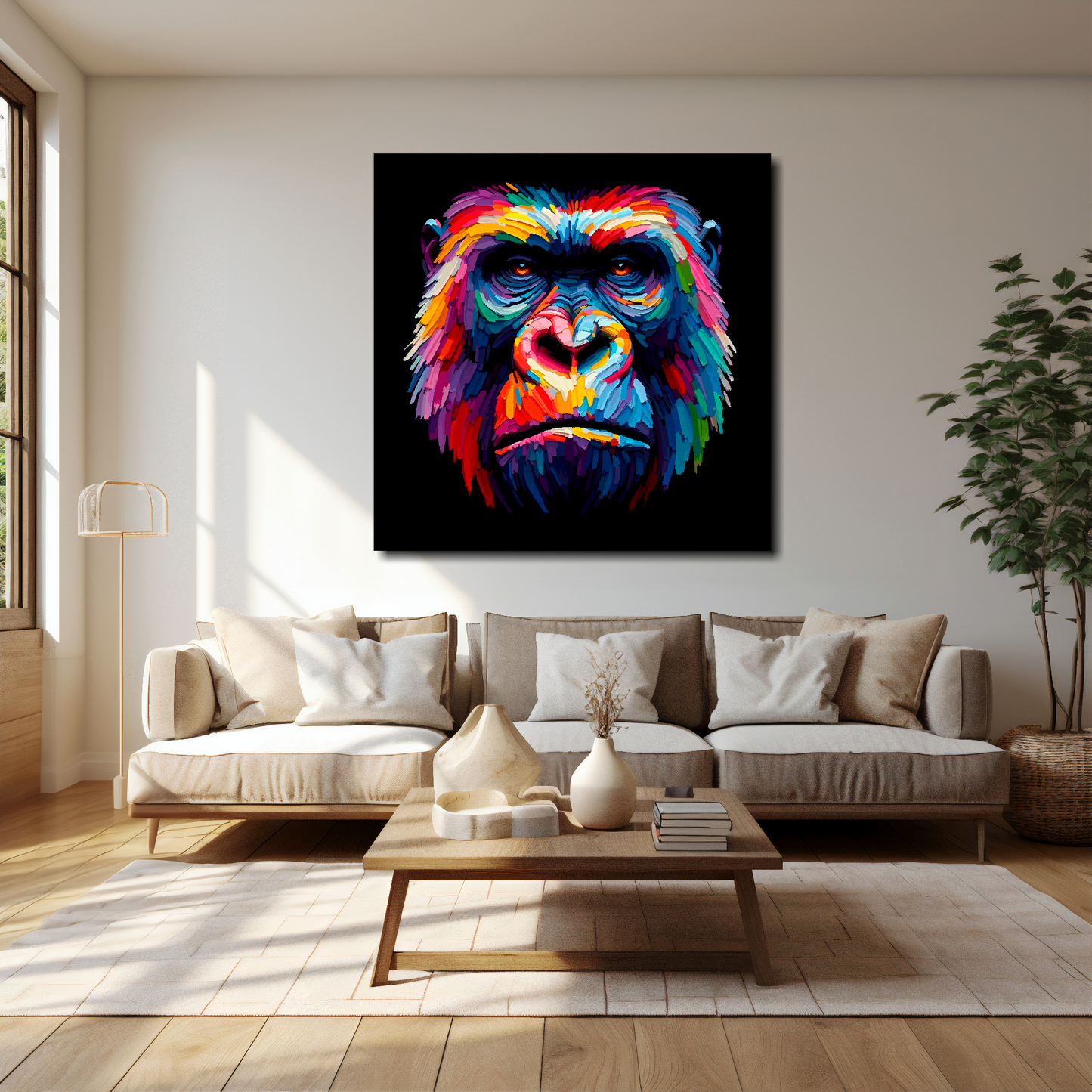 Gorilla canvas 40x40 inches above cream sofa - XL vibrant wildlife wall art UK
