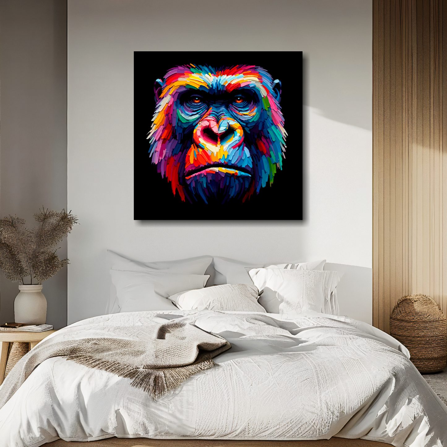 Gorilla portrait canvas above bed - colourful wildlife wall decor for UK bedrooms