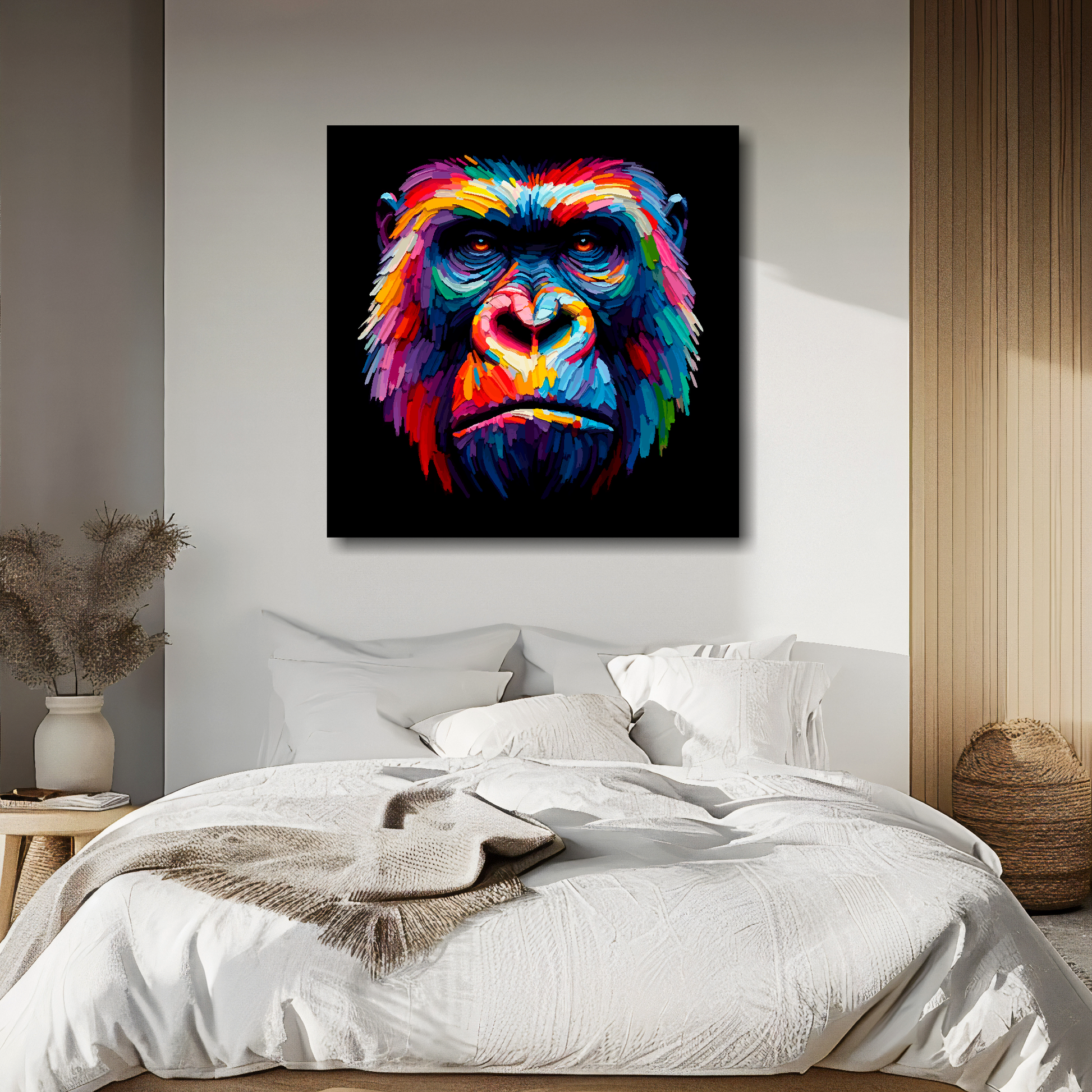 Gorilla portrait canvas above bed - colourful wildlife wall decor for UK bedrooms