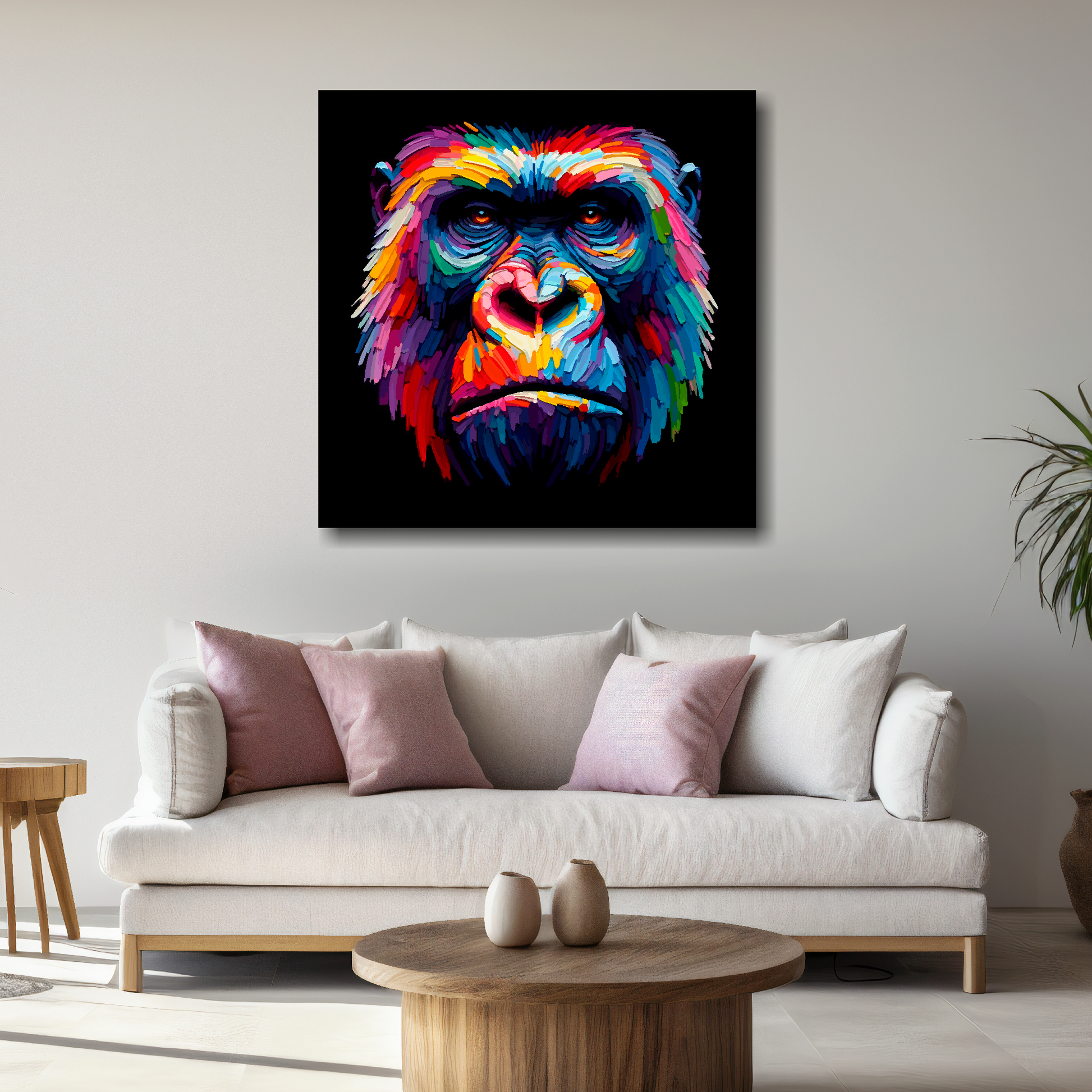Large Gorilla canvas above white sofa - vibrant abstract wildlife portrait wall art UK
